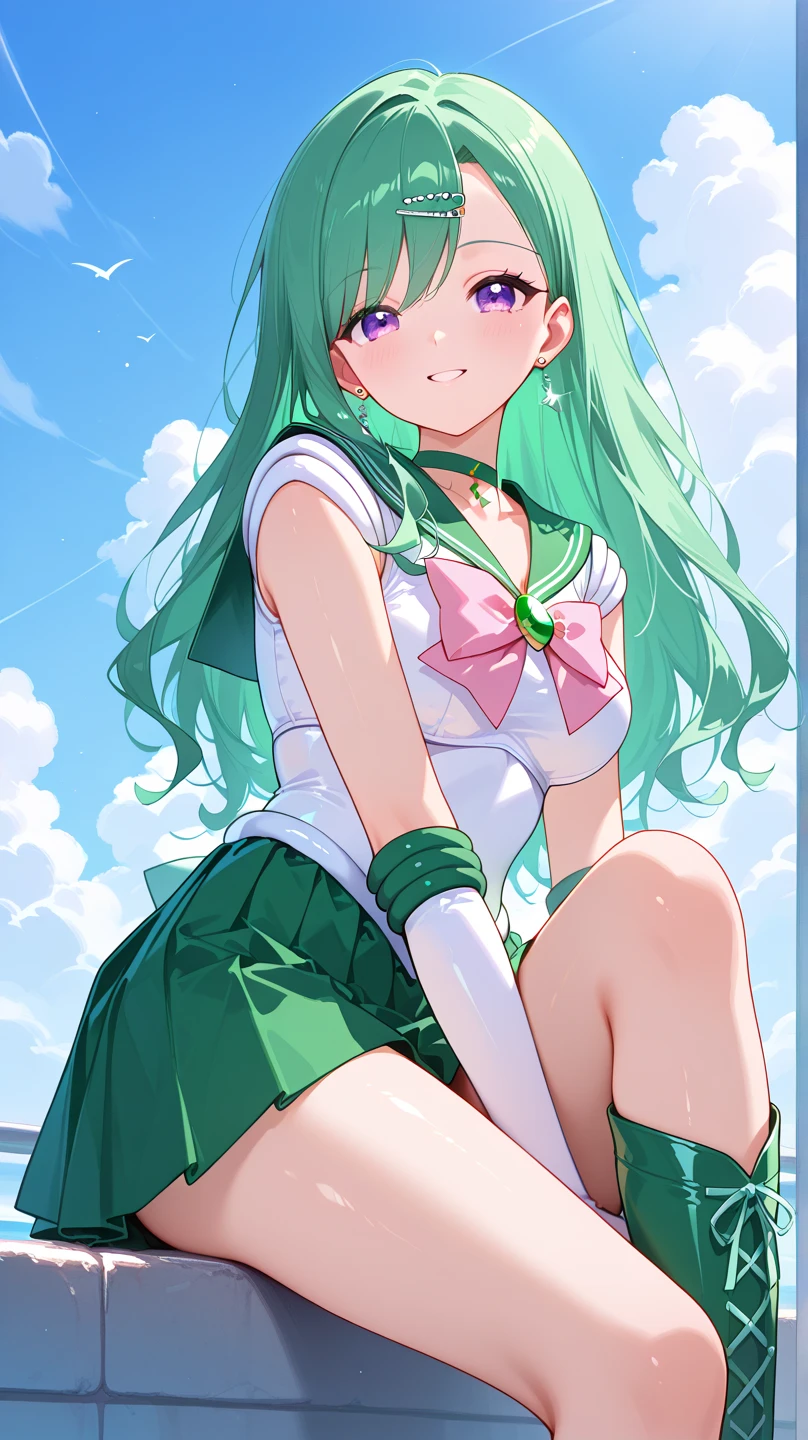 (masterpiece, best quality:1.2), cowboy shot, solo, 1girl, sailor pluto, smile, looking at viewer, single hair bun, sailor senshi uniform, skirt, gloves