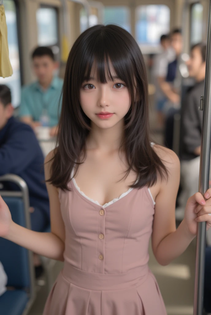 (((masterpiece))), (((Full body photo,is standing)),(One beautiful Japan girl, Innocence,kawaii) ,超A high resolution, Realistic, ultra-detailliert, 8K,top-quality, Extremely detailed, blurry backround,A slender,small tits,very beautiful japanese girl, Detailed face:1.3), (Short hair like a boy,A dark-haired :1.4), (a ,kawaii系,adorable 10 year oPerfect body:1.1), (White sheer cardigan,Light brown pleated mini skirt), A smile that makes you want to hug,Super Detailed Face、Detailed lips、Detailed Big Eyes、small gravure idol,Transparent skin、Lori,carrying a small black backpack,waiting for the train on the station platform,Looking up from the ground,early evening,キュートでkawaiiポーズ, Warm tones