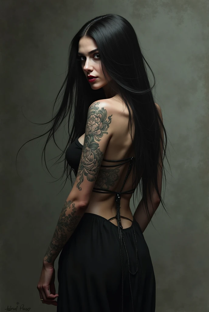 Young short little goth teen, sexy seductive facial features, tattooed face, pure white skin, thin curved black eyebrows, long luscious eyelashes, Black eyeliner, dark black eye shadow, thick black lipstick, curved lips, Cleft chin, extremely detailed long black wavy hair, earrings, lip piercings, choker collar with chains, complete full body photo, small little perky breast, tattooed breast, tattooed Sternum underboob, tattooed stomach, abs, skinny waist, skinny toned hips, toned thighs, small tight little ass,clean shaved pussy, tattooed back, tattooed hips, thick toned ass, tattooed vagina, tattooed ass, sexy seductive lace