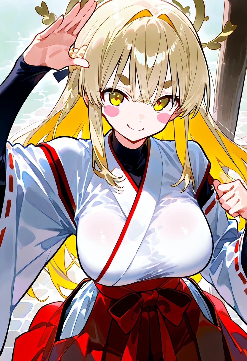 masterpiece, best quality,
akitsuki_karasu, 1girl, solo, long hair, looking at viewer, blush, open mouth, blonde hair, large breasts, long sleeves, holding, animal ears, cleavage, hair between eyes, bare shoulders, purple eyes, tail, upper body, sidelocks, outdoors, japanese clothes, sky, day, fang, wide sleeves, kimono, off shoulder, blue sky, animal ear fluff, sash, fox ears, clothing cutout, fox tail, obi, hair intakes, fox girl, bridal gauntlets, areola slip, skin fang, new year, red kimono, facepaint, happy new year, paintbrush, body writing, paddle, hagoita, hanetsuki, fang
<lora:akitsuki_karasu-01:1>