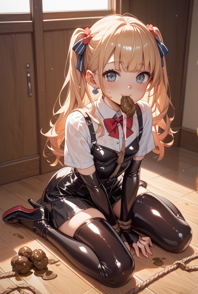 Shiny blond hair, very long hair, sophisticated haircut, ((((hair fully braided)))), ((small twisted braids)), thin and oval face, submissive, (((gagged))), cute and blushing 18 years old anime girl, look away because she is embarrassed and blushes, bright blue eyes, detailed face, detailed members, detailed arms, detailed hands, Girl lying, tied by chains, shackled, can no longer move, tied tightly, very hard tied up with lots of chains, hampered by so many chains that she can no longer move, bound hands and feet, chains tie his whole body, tied extremely tightly and forcefully to her bed by a lot of chains, its limbs are strongly tied together by chains, his torso is tied up with thick cords, her chest is so tied up with chains that it sticks out, her legs are tied tightly with thick chains, his hands are tied behind his back with chains, she can no longer move her feet, her hands which are tied by thick chains, she desperately tries to free herself, likes to be tied tight with big chains, likes to be immobilized by big chains, lying down, his hands and feet are strongly tied to the railing of his bed, his legs are pressed together and tied with chains, its limbs are held vigorously by imposing chains, her hands are tied securely behind her back by chains, her chest is compressed by strong chains, she is pressed against her bed and restrained by large chains (shibari, arms behind the back:1.4), (hands on the back), (masterpiece, best quality) 1.5, 1girl, solo, (sexy, beautiful woman, perfect face, perfect eyes, perfect hands), samus aran, (shibari, arms behind the back:1.4), (hands on the back), Spread the legs, s' ((lie in bed by big chains)), ((close up of the girl)), ((((lie in bed)))), ((((a princess in armor trapped in a dungeon)))), ((((armor dress)))), ((((armor suit)))), ((((chained to the prison wall)))), ((((chained by big chains))))