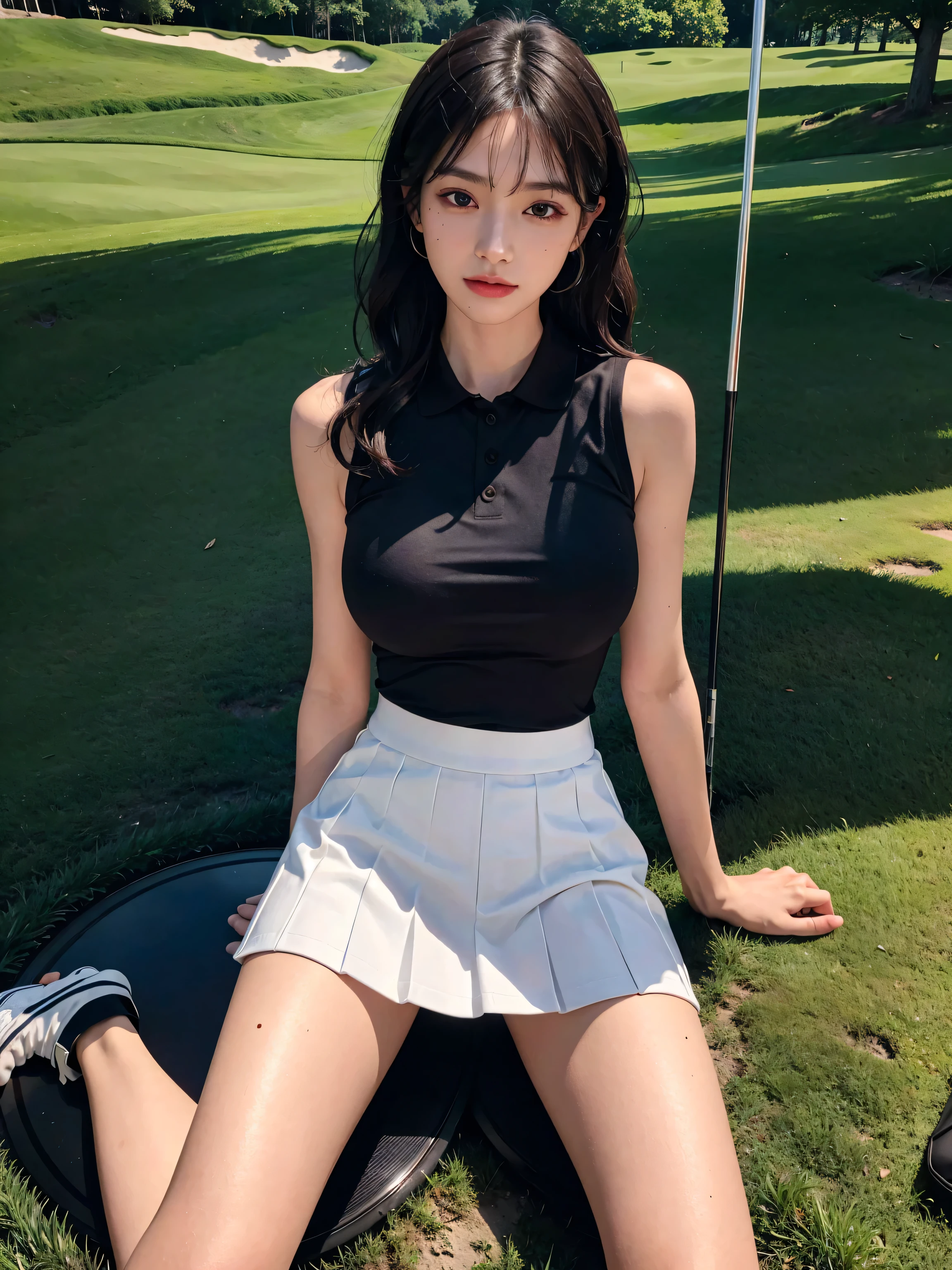 12 years old pretty girl、Cute Junior High School Student、NSFW、Super detailed、High resolution、transcendental beauty　highest quality、masterpiece、knee socks、Majimix Real、(RAW photo:1.2)、(Photoreal:1.4)、Beauty in the beautiful details、and delicate expression、On the green of the golf course、blonde、(boyish:1.5)、blonde、brown hair、brown hairショートウルフヘアの髪、brown hairマッシュヘアの髪、((you can see me))(squat)、golf wear、Sun visor、Golf Gloves、necklace、fancy piercings、eyelash、sparkling eyes、glossy lips、beautiful and detailed eyes、very detailed expression、Highly detailed face movie lighting、positive、((dynamic pose)))、(open stance))、(torn golf skirt:1.6), fancy 、torn golf shirt、Golf Shoes, (Open the crotch and expose the pubic area:1.5), (Accurately represents the shape of the female genitals:1.5), (Detailed depiction of the labia minora, vaginal opening, Detailed depiction of the clitoris:1.5), (spread your legs wide:1.6), (small breasts、small breasts:1.5)、(No panties:1.3)、angle from below