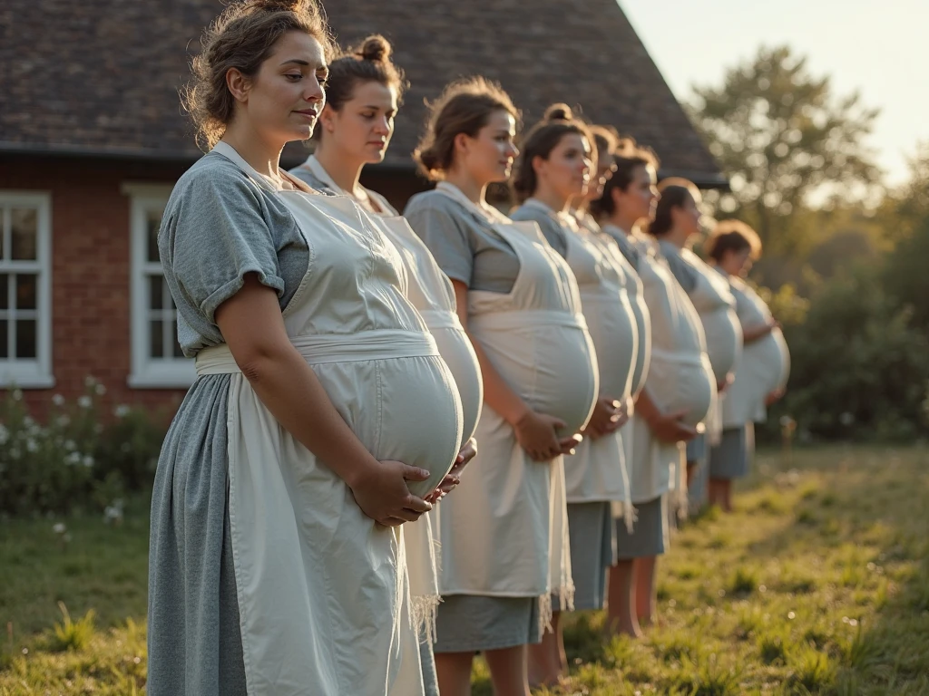 England, 1349. A young pregnant ((((30-year-old)) Gwenda)), strong, rustic, in a farm field, ((scared and relieved expression)). ((((clothings from the 1340s)))), ((blond hairstyle of the 1340s))