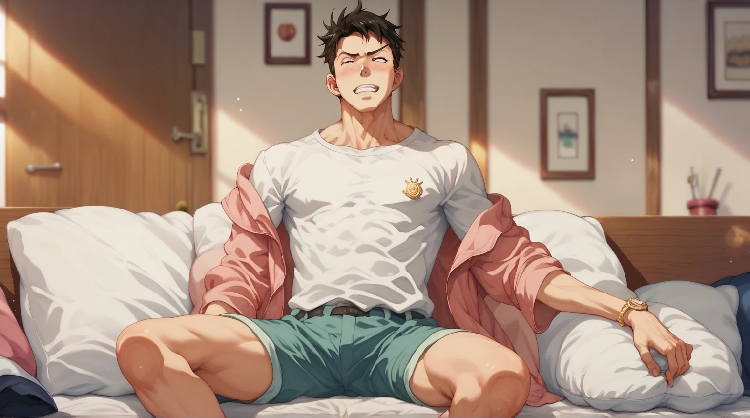 Boy student,Lie down in bed,POV perspective, chest muscle,Abs,8K,Cinematic lighting effects,Textured skin,best qualtiy,Storytelling images,condom,Wet hair,Open-mouthed,liquids,Shoot from the perspective of the human eye