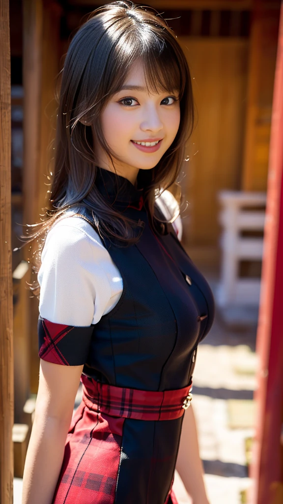 (((The whole body of the ninja costume))),((Kimono obi)),(japanese hood),(bare shoulders),(detached sleeves),(japanese socks),(((Inner thigh))),(((side breast))),(((cleavage of the breast)))(((Show black loincloth))),(ulzzang-6500-v1.1), (Raw foto:1.2), (photo- realistic:1.4), a beautiful detailed girl, very detailed eyes and faces, beautiful-detailed eyes, ultra hyper-detailed, A high resolution, beste-Qualit, шедевр, richly detailed, 8k wall paper, splendid, finely detail, beste-Qualit, Light on the face,cinematic lighti,1girl in,(Old temple),red blush,Beautiful eyes,a smile