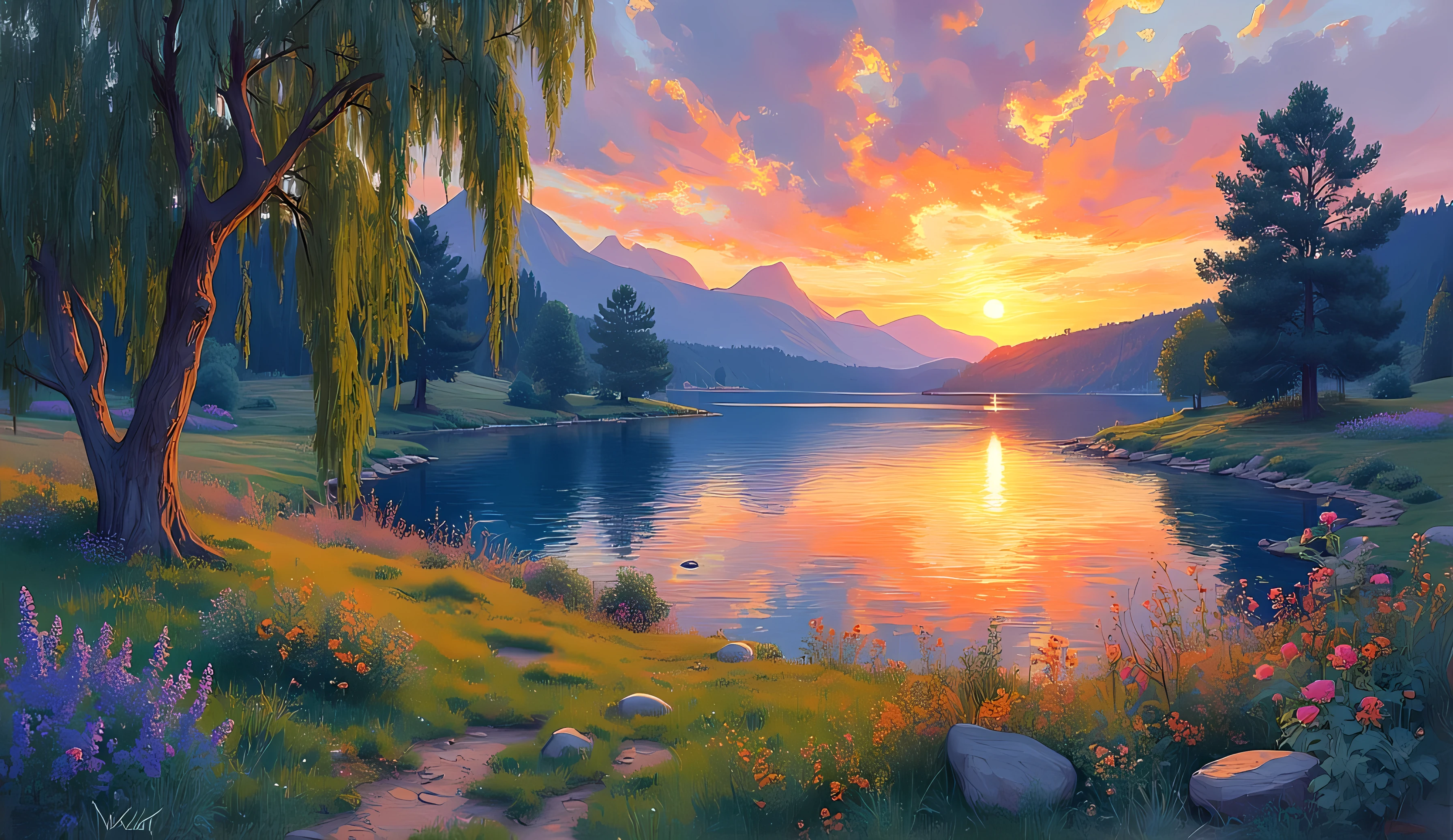 m0d3rn1mpr A serene landscape scene with a vivid, luminous sky at sunset, where warm golden and pink tones softly blend into cooler blues, reflecting on a tranquil lake surrounded by swaying willows. The surface of the water shimmers gently with impressionistic ripples, while scattered wildflowers bloom in vibrant patches, their colors softly merging into the lush grass.