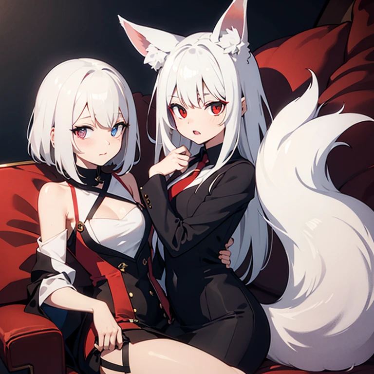 young woman ,height 155 centimeters ,breast size 1 ,ash white hair , fluffy ears with black tips ,white tail with black tip ,fox ,Someone ,cat , skirt ,stockings ,topic ,cat ears ,small ears ,Black Ear Tips,black tip of the tail , black ears ,черный foxий хвост ,two knives in hands , Two daggers in hand , two swords in hands ,skinny legs, Red eyes