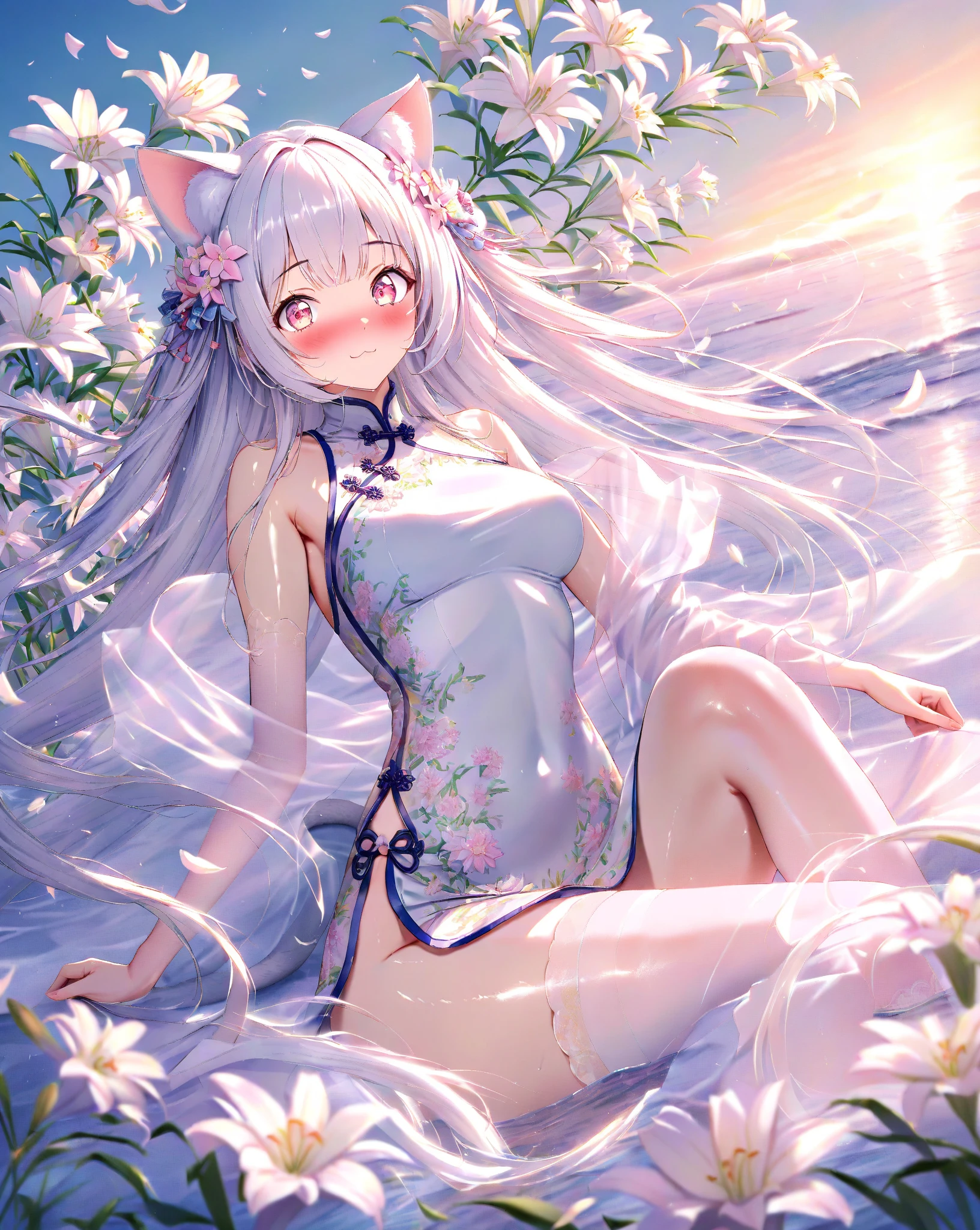 Cat Girl Beauty Big Tits White Liquid Bathing Open Legs Long Hair White Hair Bikini Smile Ao Dai