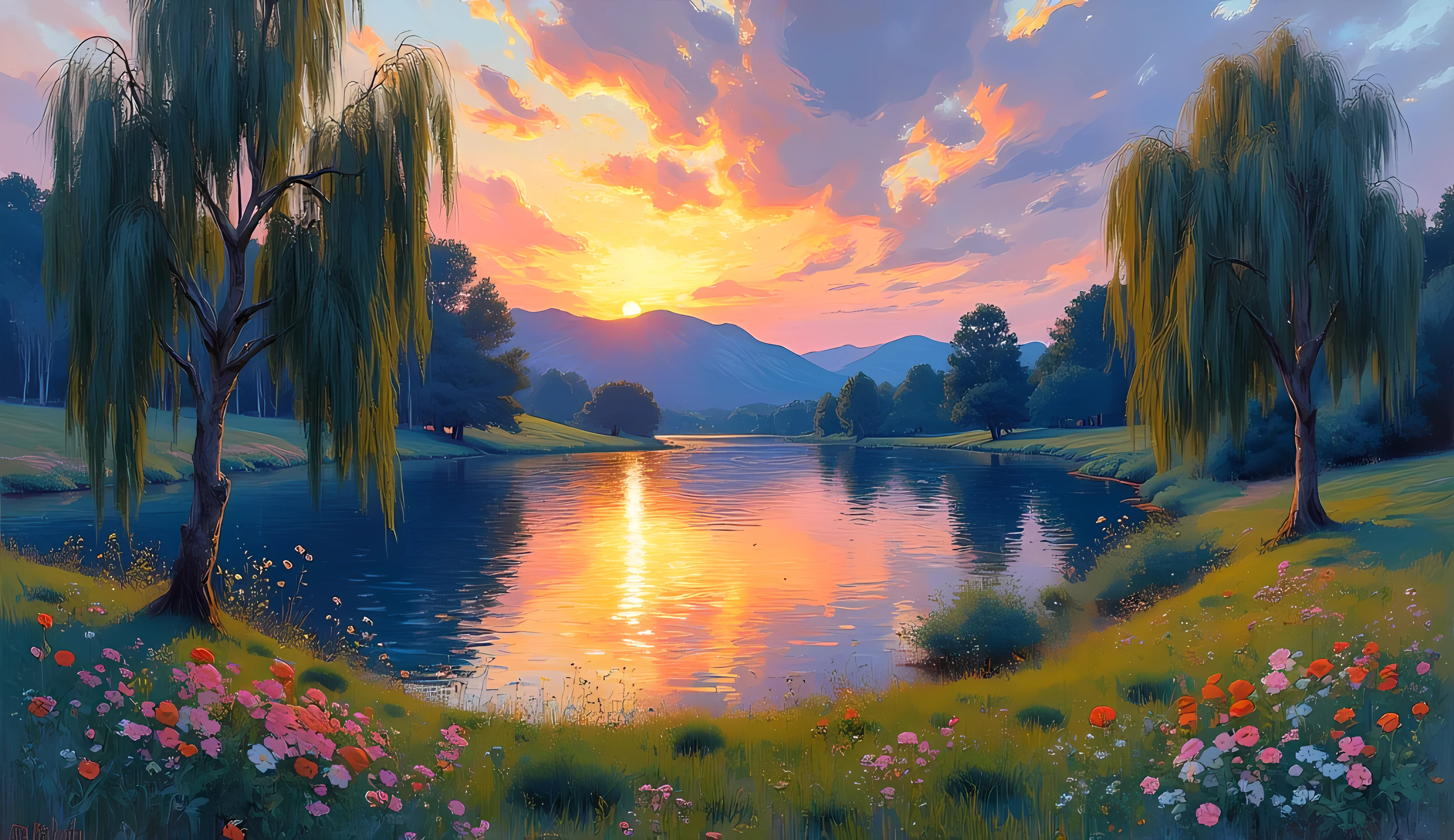 m0d3rn1mpr A serene landscape scene with a vivid, luminous sky at sunset, where warm golden and pink tones softly blend into cooler blues, reflecting on a tranquil lake surrounded by swaying willows. The surface of the water shimmers gently with impressionistic ripples, while scattered wildflowers bloom in vibrant patches, their colors softly merging into the lush grass.