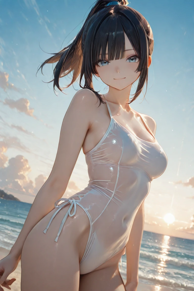 (Best quality,masterpiece:1.21),photorealistic,extremely detailed CG unity 8k wallpaper, Official Art, (finely best quality:1.4), a cute slender Girl wearing stylish Summer fashion super small bikini, (very thin bikini),(mastoid process:1.21),Fair and shiny smooth skin, real clear and delicate skin texture,simple background),(Moist clothes:1.5)