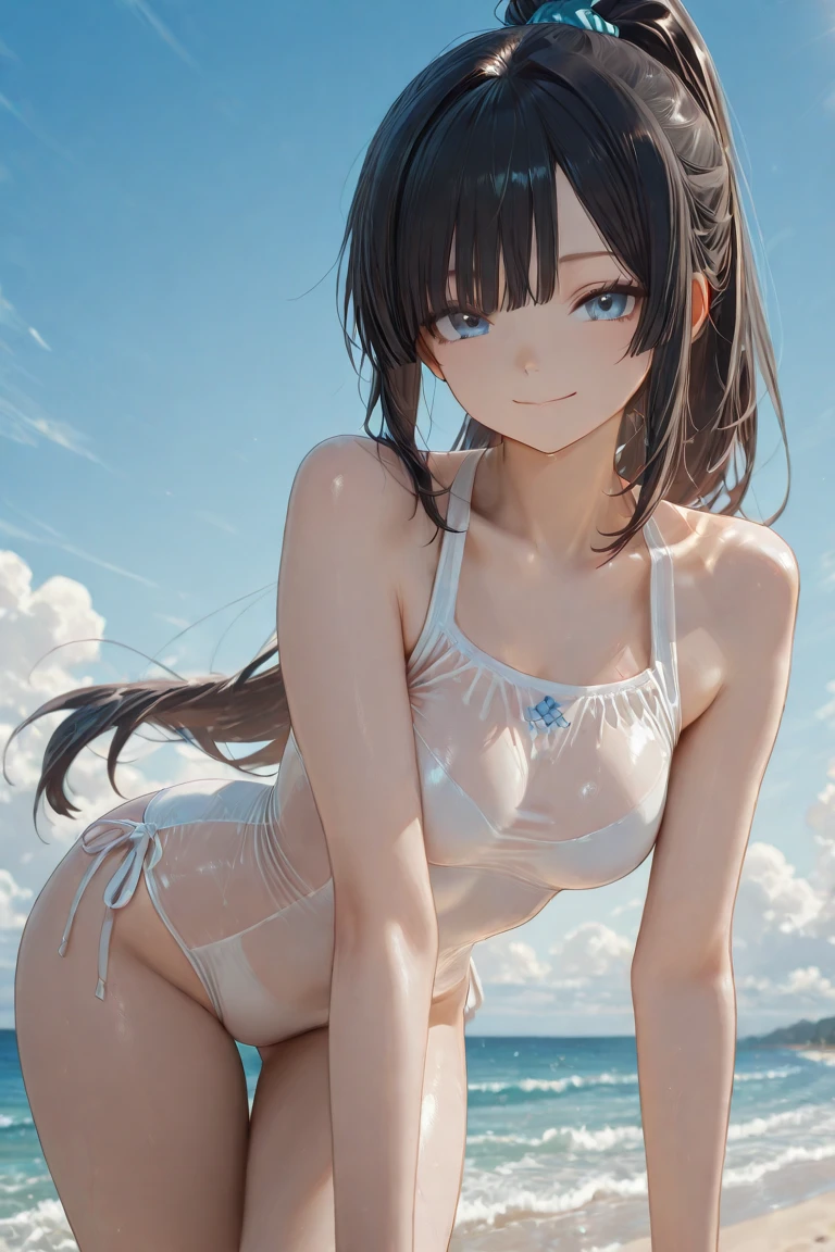(8k, best quality, masterpiece), (ultra-detailed:1.1), (high detailed skin),1girl, arms_behind_back, bangs, bikini, blue_eyes, breasts, cowboy_shot, long_hair, looking_at_viewer, parted_lips, polka_dot, polka_dot_bikini, see-through, dress,solo, standing, swimsuit,