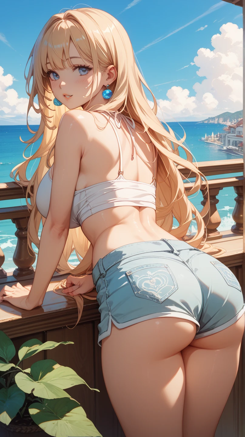 (highest quality,4K,8k,High resolution,masterpiece:1.2),Very detailed, Realistic, photo-Realistic,A woman with good looks,Asian Woman,three woman,stand in a line,cute,cute eyes, stylish female body,baby face, break, large white colored shirt:1.3, break, red colord small panties:1.5, lace, break, long hair, blonde hair,various colored hair,  back view, Focus on the buttocks, sandy beach , smile, ((sweaty skin))