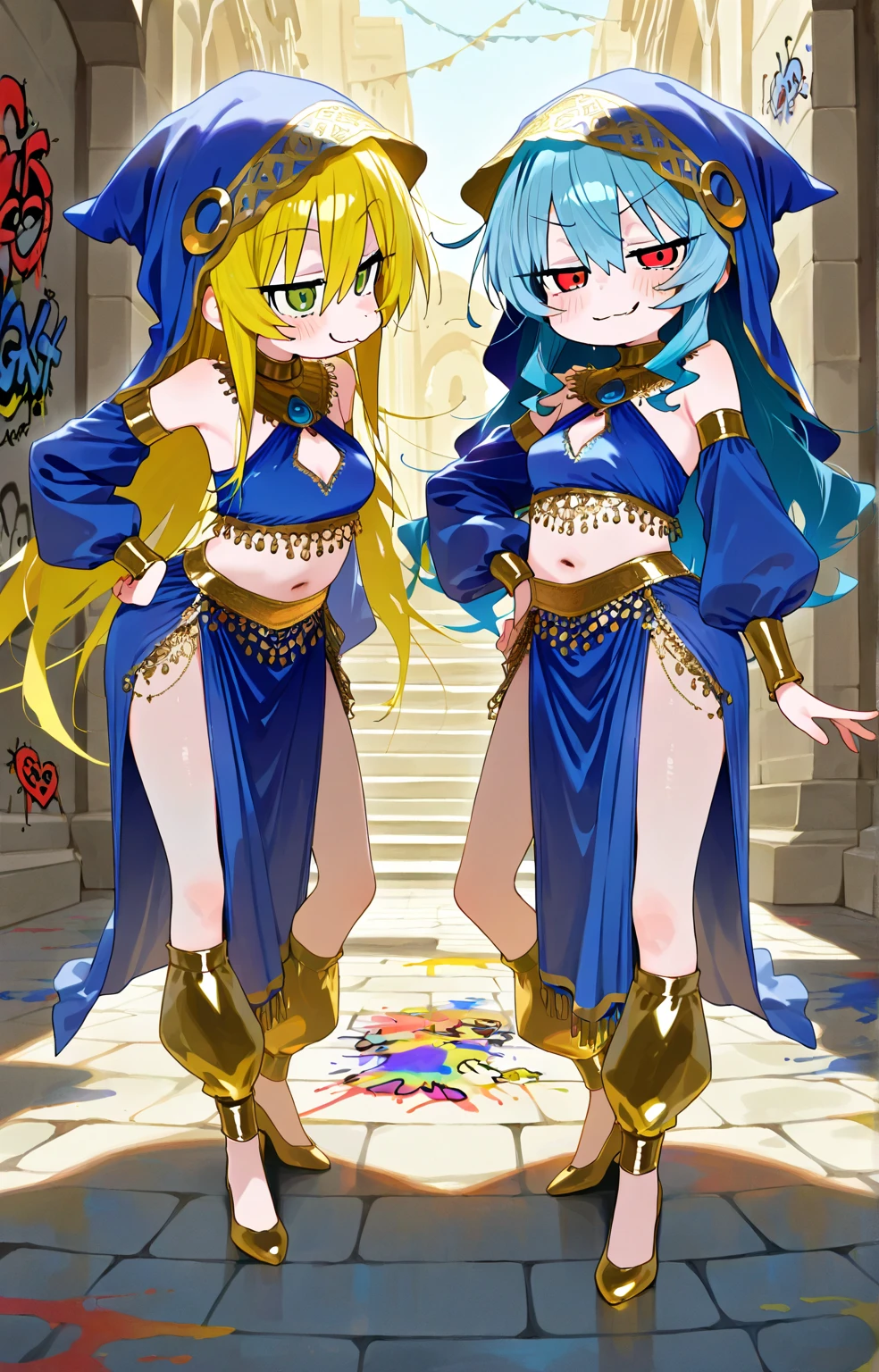 masterpiece,Highest quality, Unreal Engine, Super Resolution, Very detailed,
2 Girls, Waist, thin, (Muscular:0.8)
Round Breasts, Big Breasts, Bold,  Part your lips, Observe the audience,
Are standing, sexy pose
Waist shot,Tentacles entangled in chest,Spread your legs,
Simple background anime style, Key Visual,
 Light blue hair, Red eyes, Long-haired monk \(dq3\)
,,Tabard Elbow Gloves((Spread your legs上げる:1.3)),(Cameltoe:1.5)、(Bright orange full body pantyhose:1.5)、(See-through panties:1.2)、(Angle from the feet)、Tentacles entangled around legs
