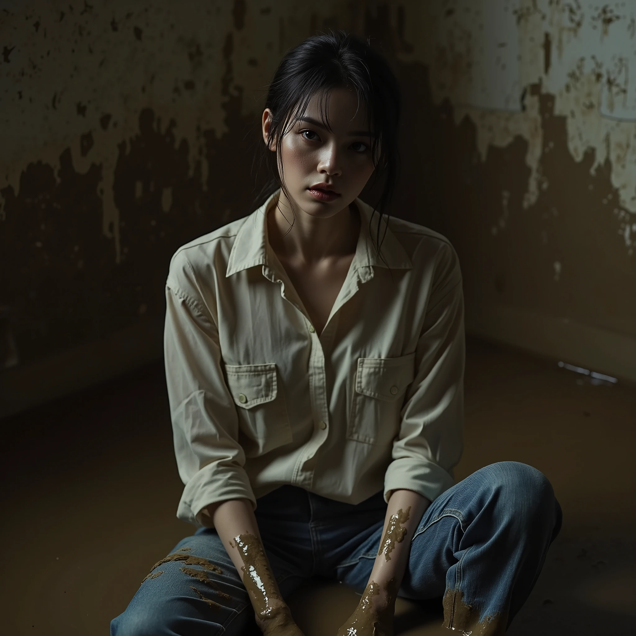  jeans,covered in mud,bob square,Detailed eyes and face, expression of despair ,blouse, dark and gloomy lighting ,shameful fetishistic atmosphere,desperation,bathroom,in a mud bath ,Fading woman