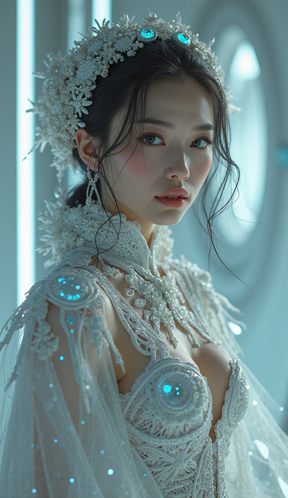 A photograph of Japanese female android made of white and silver transparent glass and plastic, geisha makeup and hairstyle, silver metal internal body mechanisms, dynamic pose, flowing organic construction, detailed designs, glowing circuitry, colorful neon trim, by H.R. Giger, Greg Rutowski