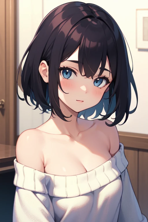 (best quality), (Super detailed), (Best Illustration), (masterpiece), score_9, score_8_up, score_7_up, (4k), nsfw, (1woman), (full nude), (large breasts), {brown hair, (sideburns), (bob cut:1.3), curly hair, hairs between eyes, colored inner hair}, {(detailed eyes), heart-shaped pupils, blue eyes}, parted lips, nervous, nose blush, earring, sweat,