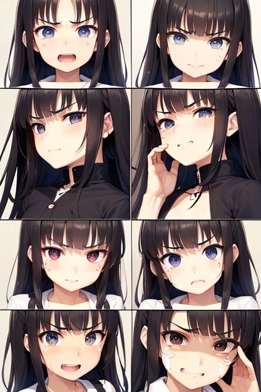 Close-up on facial expression, close-up of face, sweat, impatience, feeling good, sparkling eyes, half-open mouth, sloppy face, short black hair, ponytail:2.4 Straight hair Hair tie Sweep bangs to the side:1.9. Slanted Eyes, Brown eyes, expensive, Strong-willed, beautiful、Big breasts、adult