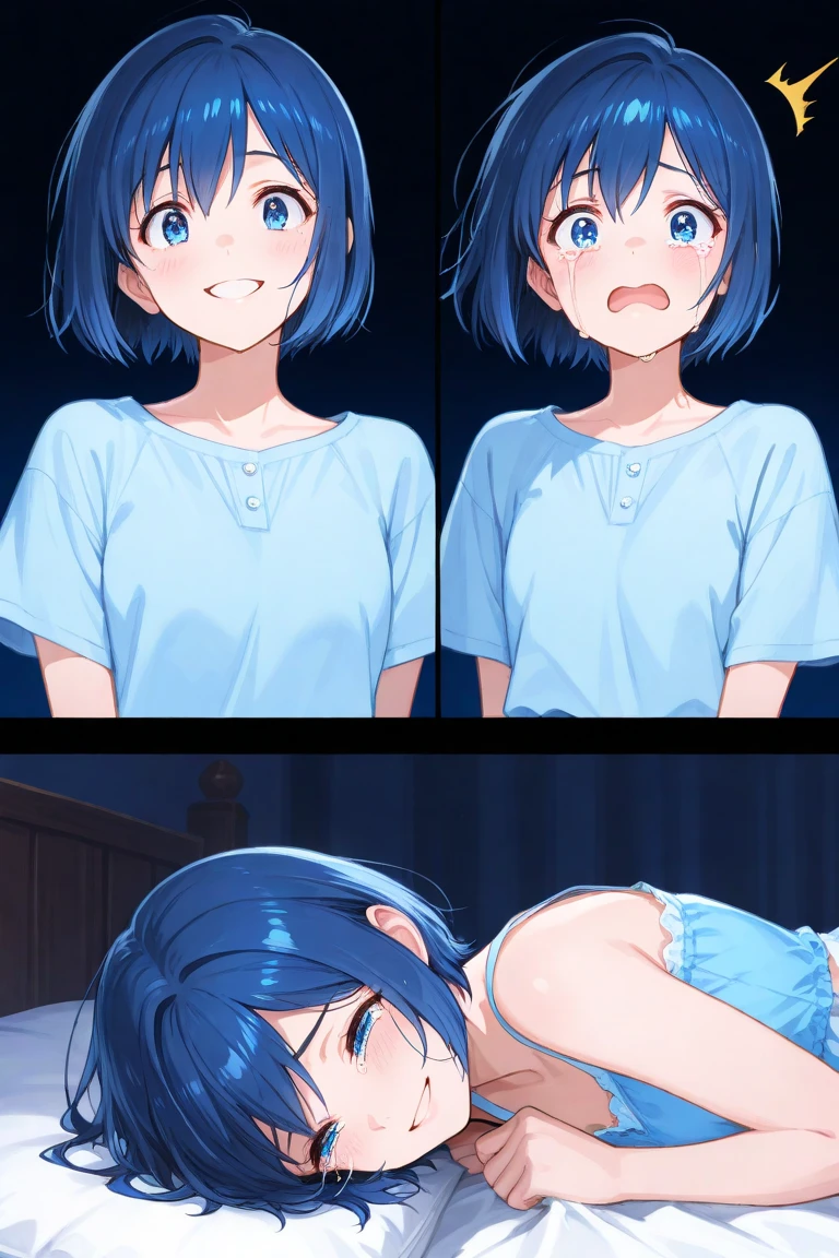 Akane Kurokawa,Black Hair, blue eyes, hair ,long hair, 1 girl, ,alone, Hair between the eyes,(topless:1.3),, Exposing shoulders,panties, Cleavage,Knee socks,short hair, ((orgasm:1.5)) ,beautiful long legs,beautiful body,beautiful character design, Perfect Eyes, Perfect face,Expressive eyes, Looking at the audience,Sleep on your back ,Lie down in bed,Center the image, Official Art,High Definition CG Unity, Perfect Lighting, bright_front_face_Lighting, ,(Highest_quaLightingy:1.0),4K,Very detailed, photograph, 8k, Hmph, High resolution, Absurd:1.2, Kodak Portrait 400, Film Grain, Lens flare, (Vibrant_color:1.2) (beautiful,Medium chest:1.4), (beautiful_face:1.3),(narrow_Waist),blush, (((Detailed nipples)))