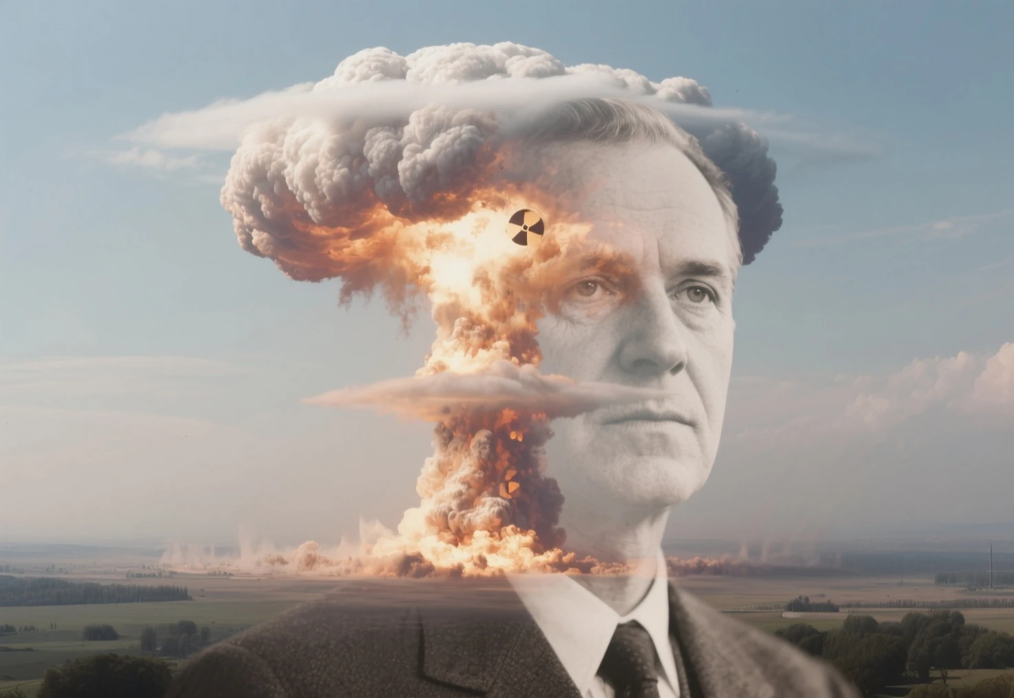 a photography photo of Robert Oppenheimer standing in a dessert, 40s costume, sad, nuclear explosion in the background, (bokeh effect:1.3) <lora:add_detail:1>