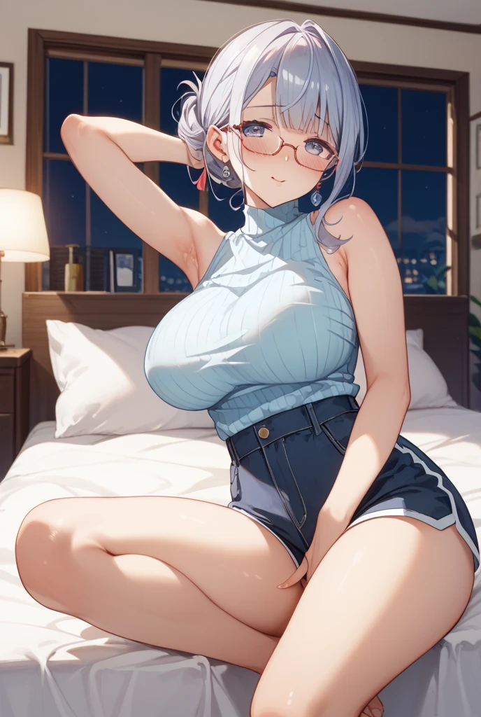 1girl, sexy breasts,silver hair, blue eyes, short hair, clothes in mouth, cleavage, navel, t-shirt, ((bra)),clothes lift, shirt in mouth, skirt, lying, full Body,sexy body,sitting