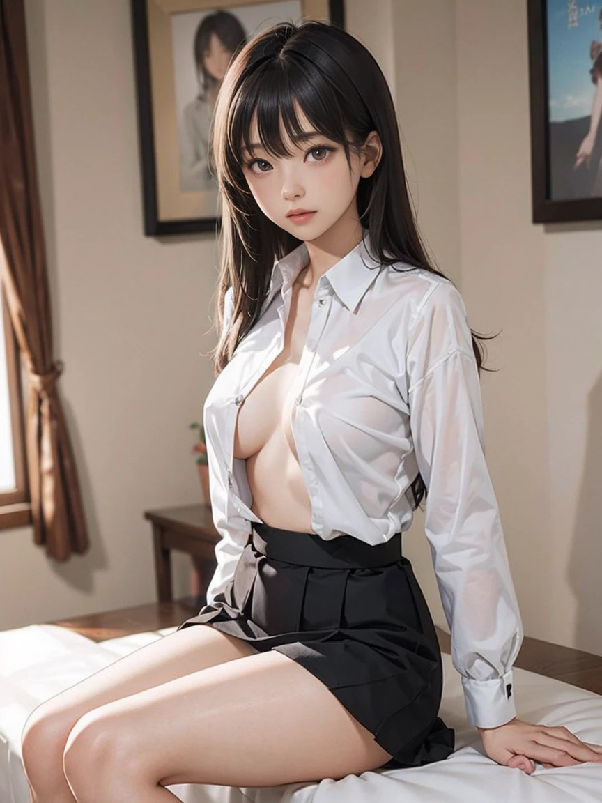 ((top quality, 8k, masterpiece: 1.3)),,sensual woman, black hair,long hair,blue eyes,single hair bun, Mrs. hairstyle,elegantly looking at the audience, (huge breasts: 1.2),(full body),,female focus,,huge tit,( White transparent shirt: 1.5),(only shirt:1.5),(open shirt:1.5)playing a harmonious melody alone, messy hair brushed towards the leaves, carefully looking at the details displayed on the necklace; They stand in the corridor of the building, smiling, showing the latest fashion trends, love the perfect display of digital painting, fresh and beautiful, perfectly unified 8K resolution, with anatomical correctness, embodying conceptual art, which is a popular trend on pixiv and the embodiment of Shinkai Makoto's style.