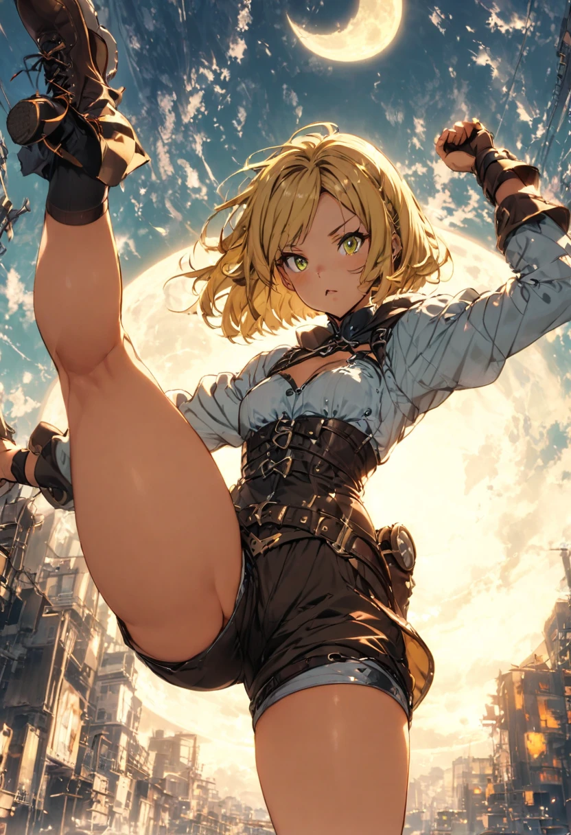 smiles confidently;, Blue eyes, blonde hair, draw up, (чрезвычайно подробные обои CG Unity 4k),(masterpiece),(Best quality),(ultra detailed),(best illustration),(best shadow),(absurdity),(detailed background), Modern setting, park, Short blonde hair (unkempt and dirty), sundress, cowgirl boots,