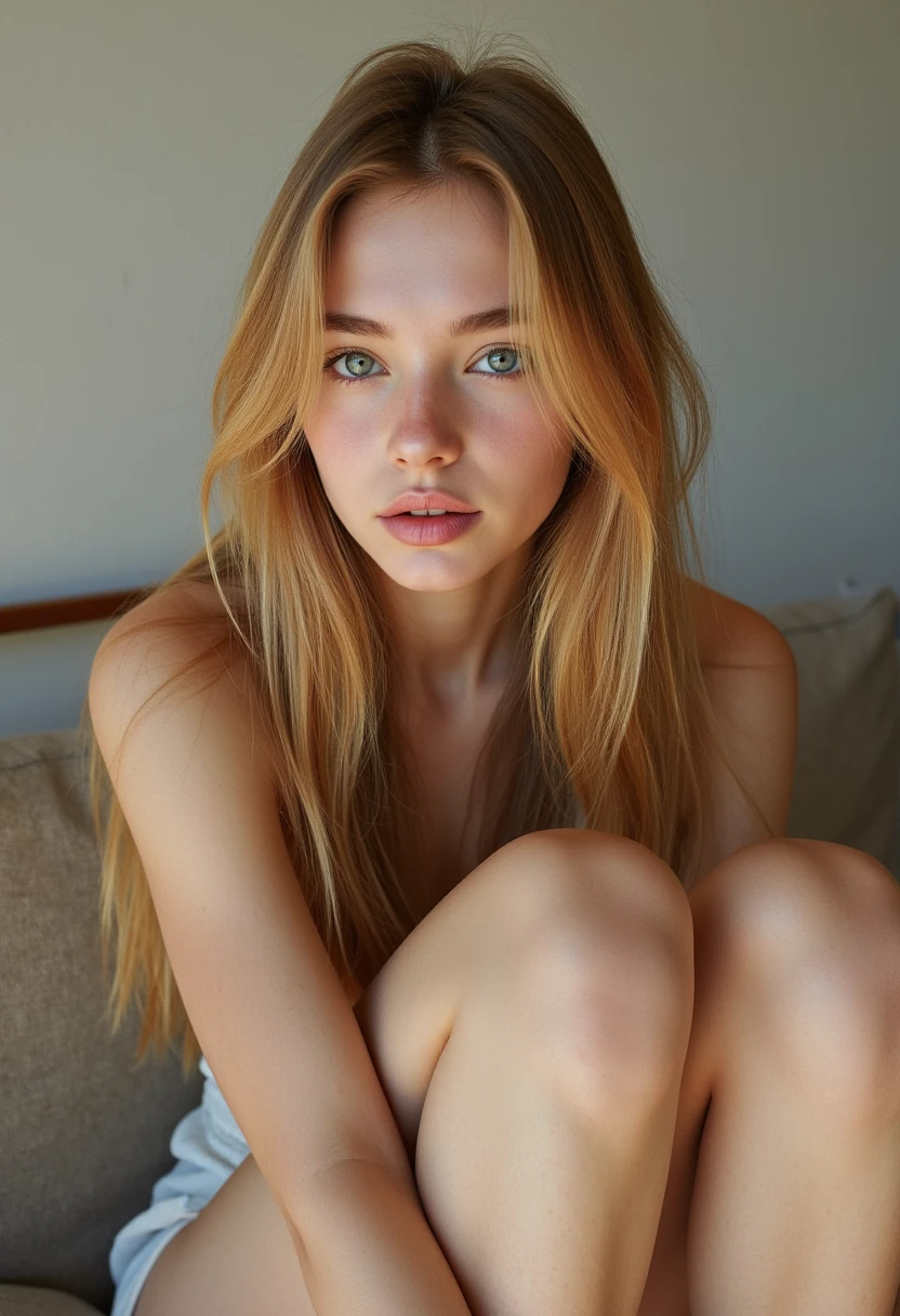 skinny, naked very young girl lying on a bed spread legs , long boots, blue eyes, ass
