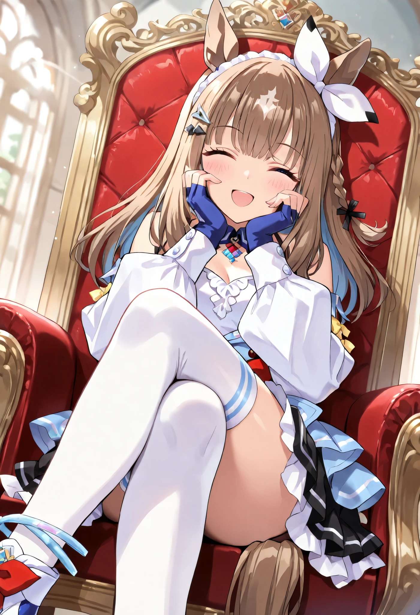 (masterpiece, best quality, perfect face:1.4), wide angle, almond eye \(umamusume\), white hair ornament, horse ears, horse tail, tail on the lower back, proportional body, proportional,1 girl, beautiful hair, beautiful face, beautiful detailed eyes, beautiful clavicle, beautiful body, beautiful chest, beautiful thigh, beautiful legs, beautiful fingers, looking at viewer, BREAK, dress, detached sleeves, cleavage, white thighhighs, fingerless blue gloves, long sleeves, white shirt, sleeveless, red bow, yellow bow, anklet, white footwear, BREAK, sitting, on a throne, legs crossed, elbows on a chair, hands on cheeks, BREAK, blush happy smile (open mouth), one eyed closed, textured skin, realistic skin, HDR, BREAK, good hands,