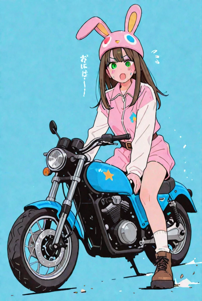 a girl rides a motorcycle, denim miniskirt, 1girl, solo, underwear, ground vehicle, panties, bicycle, ass, white panties, blush, looking back,