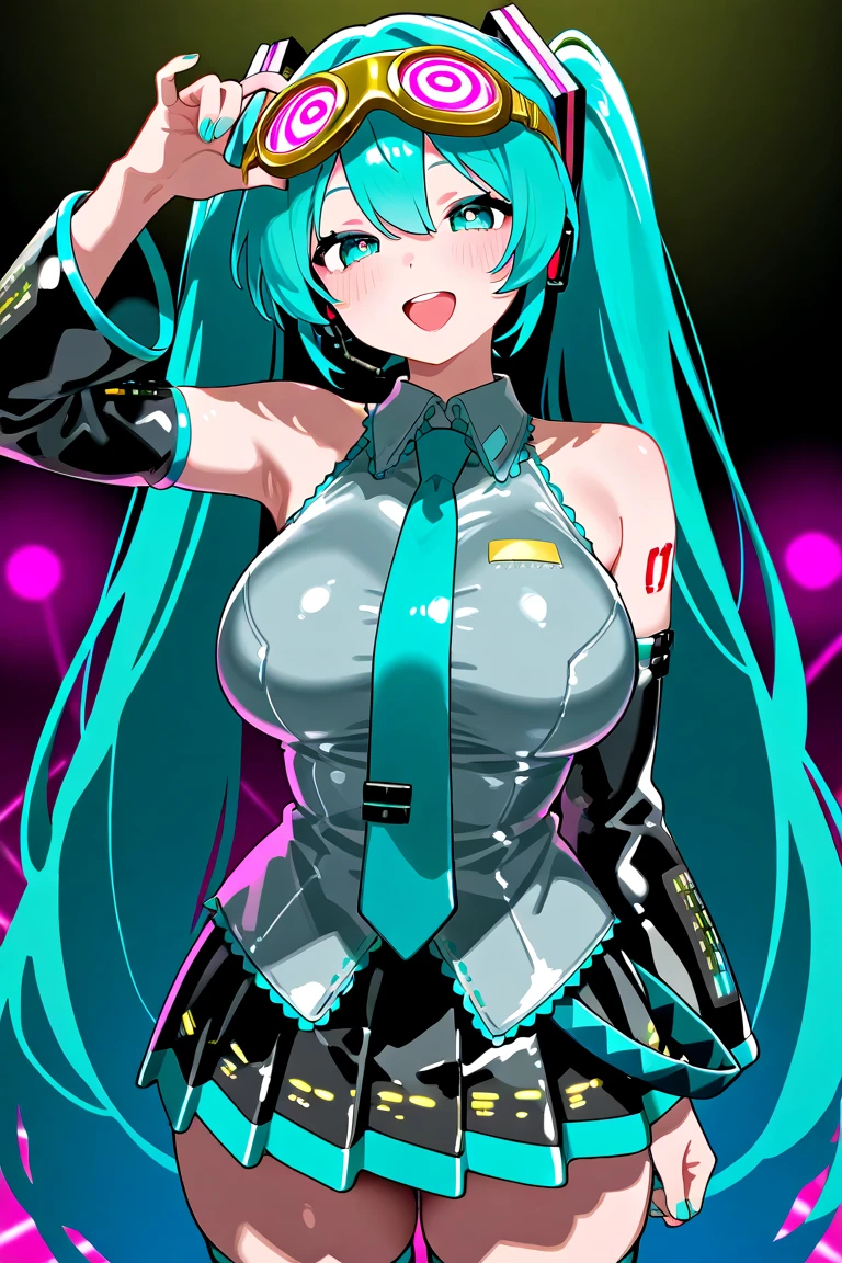 {{1 female},{{{{{Tabletop++, Highest quality++, Very detailed+, Ultra-high resolution,(Realistic:1.4)Cowboy Shot, Mecha Girl, hatsune miku, (Vocaloid)RAW Photos,(hatsune miku)+,(hatsune miku)+, (Vocaloid) Expressionless, Light blue hair, Red eyes ,clavicle, Twin tails, ((Black Bodysuit 1.6)),so beautiful, Highest quality, Absurd, One Girl, Brainwashed,}}}} Hollow Eyes,(Eyes glow red :1.4)), ((Big Breasts:1.5))、((Metal Armor)), (The shape of the genitals is clearly visible)) cyber punk, Dark Lab, Dark Room,(Neon Light:1.2), (night:1.5), (place your left hand on your hip)