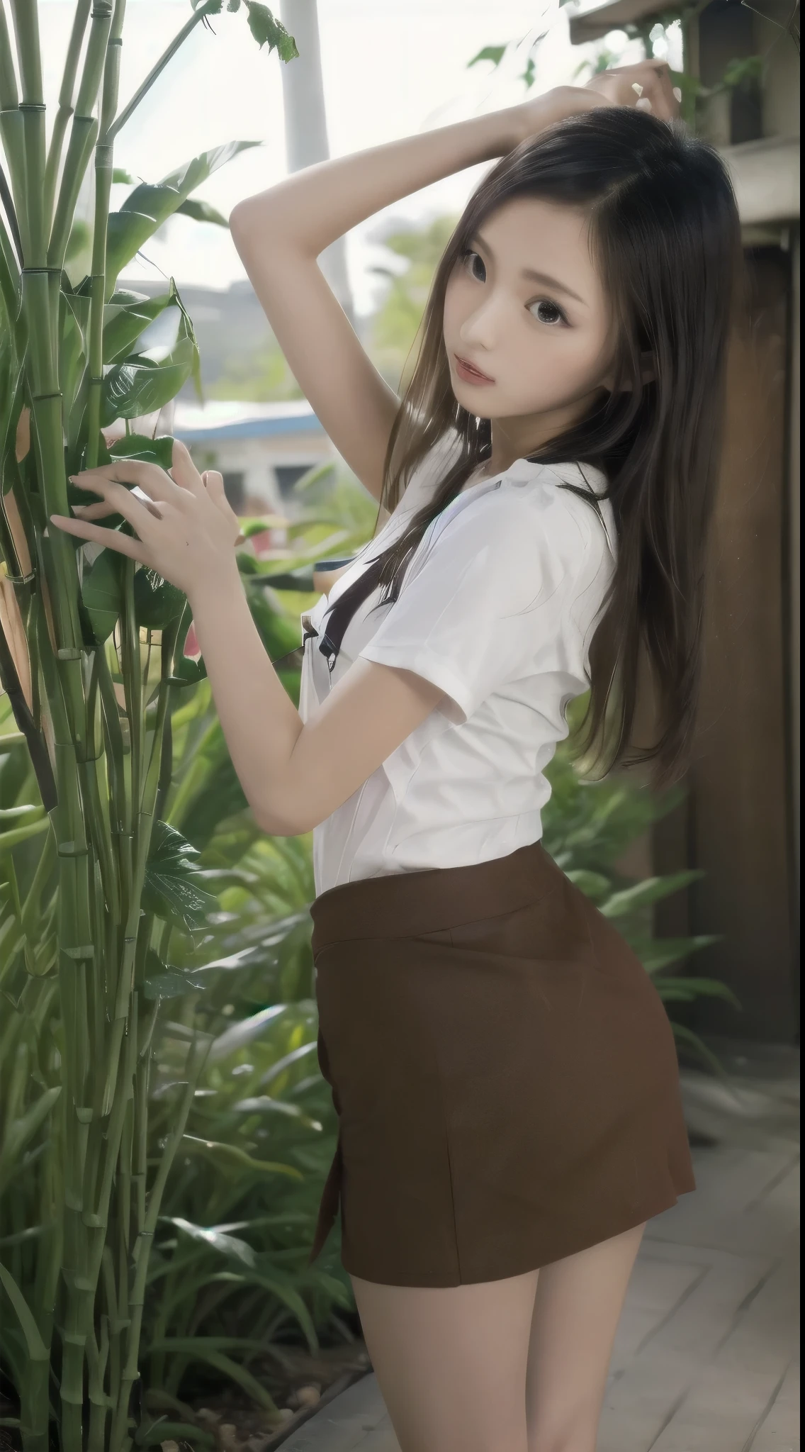 4K Ultra HD, JK school uniform,Superskirt,Masterpiece, Cute little girl s, ,Good student,Nice face, Detailed eyes, Twist braids,Hair spreads, high light, Lighting effects, glimmering, Realistic background, Blossom, rays of sunshine, schools,hostel,Full body capture, You can see barefoot, pretty legs, panties are visible,Black brown hair,bamboo forrest,Look at the armpits from the short sleeves,Armpit hairy,Turbulent posture,Spread your legs,dewpoint,Raise your left leg high,Pubic hair exposed,Flesh-colored panties,hostel,taking a shower,showers,Get wet with water
