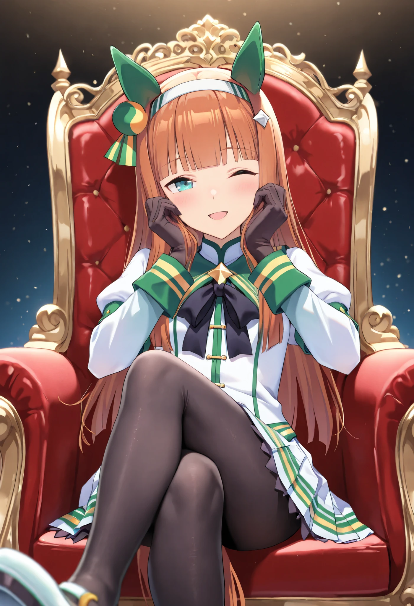 (masterpiece, best quality, perfect face:1.4), wide angle, silence suzuka \(umamusume\), horse ears, ear cover, white headband, small breasts, horse tail, tail on the lower back, proportional body, proportional,1 girl, beautiful hair, beautiful face, beautiful detailed eyes, beautiful clavicle, beautiful body, beautiful chest, beautiful thigh, beautiful legs, beautiful fingers, looking at viewer, BREAK, black pantyhose, black gloves, white pleate skirt, mismatched shoes, long sleeves, white jacket, black bowtie, green sailor collar,, BREAK, sitting, on a throne, legs crossed, elbows on a chair, hands on cheeks, BREAK, blush happy smile (open mouth), one eyed closed, textured skin, realistic skin, HDR, BREAK, good hands,