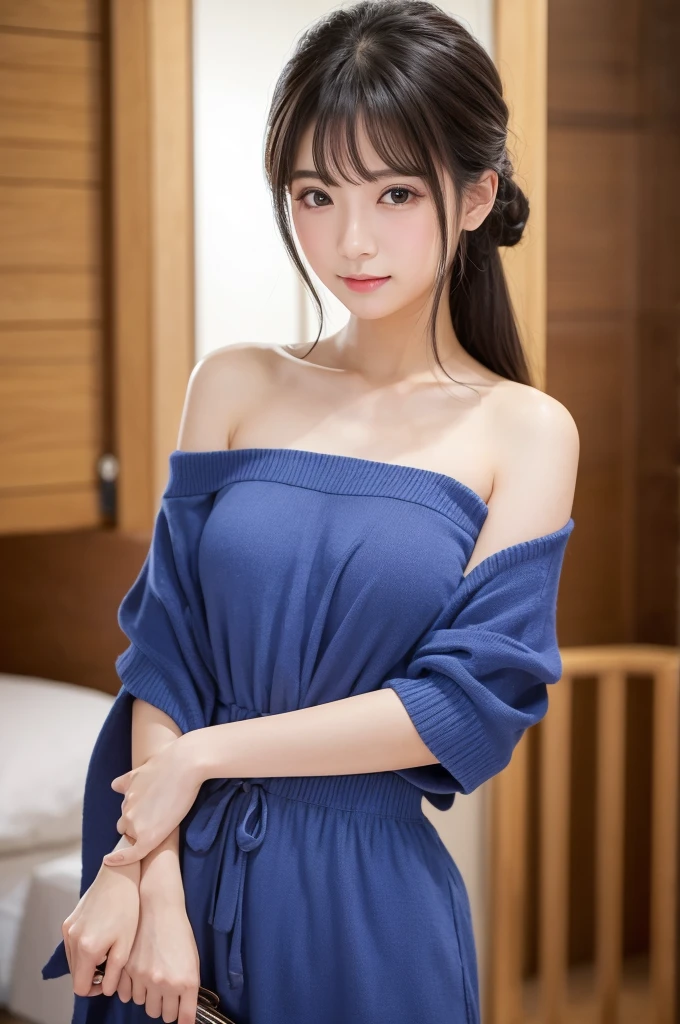 (Highest quality,masterpiece:1.3,Ultra-high resolution),(Very detailed、Caustics) (Realistic:1.4, RAW shooting、)Ultra-Realistic Capture、Very detailed、Natural skin texture、masterpiece、(Japanese girl wearing a blue velvet dress:1.3)、Adorable expression、Expressions of happiness、14 years old、Height: 160cm、Young Face、Amazingly cute、Twin tail hairstyle、Curly Hair、Scrunchie、necklace、Black Hair、Heavy makeup、Large breasts、Shining thighs、Filmed inside a sex shop、Pink Curtains、Pink Wallpaper、(Sit on the bed)、(nfsw Open your legs wide:1.5)、Showing panties、Background details、smile、An inviting gaze、Anatomically correct、Attention to detail、Sexy and cute pose、