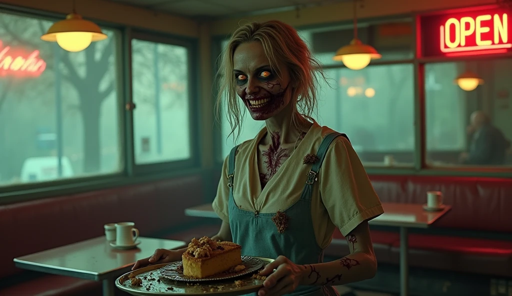 A friendly zombie fast food worker (cute woman, mouth stitched shut some decay, death pallor, work uniform) working behind a counter serving customer zombies brain themed items, restaurant name 'Brains'
