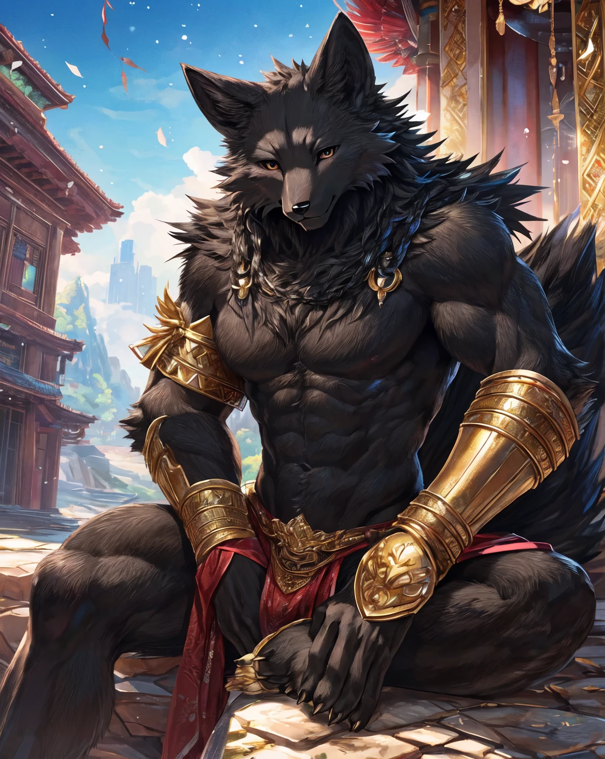((anime)), by Garmash,Ruan Jia,black-rat, anthro, male, (((detailed fluffy fur))), ((sitting)), detailed realistic painting, (((biceped))), (((shaded))) extreme detail, ((minotaur)), loincloth, brown body, light particles