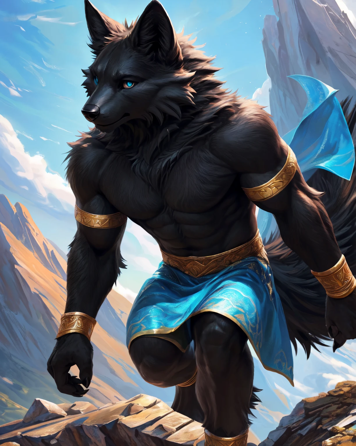 ((anime)), Upload to e621, By Garmash,Luan Jia, dark gem, anthro, male, ((( fine fluffy fur))), ((sitting)), detailed realistic painting, (((bipedal walking))), (((with shadow))) extreme details, ((dragon)), loincloth, black body, particles of light,