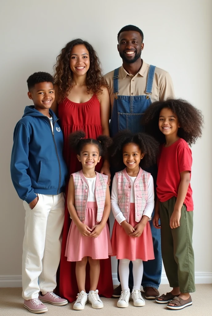 Chat gpt create me a family of 3 members,The mother with very dark skin and overweight,the father with glasses and long hair,the son with big eyebrows short hair and wearing very tight jeans