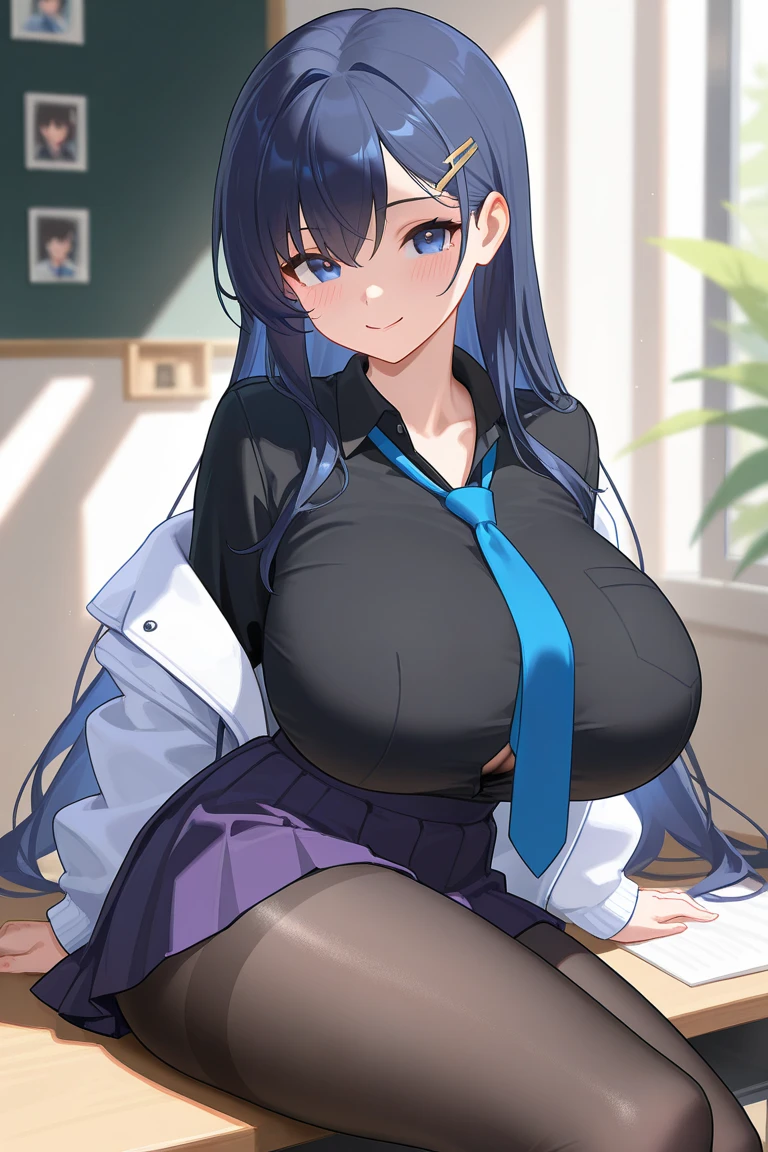 Girl with long, dark hair, with purple highlights, large breasts with cleavage, wearing a flirtatious idol dress, is inside a school in a classroom of students