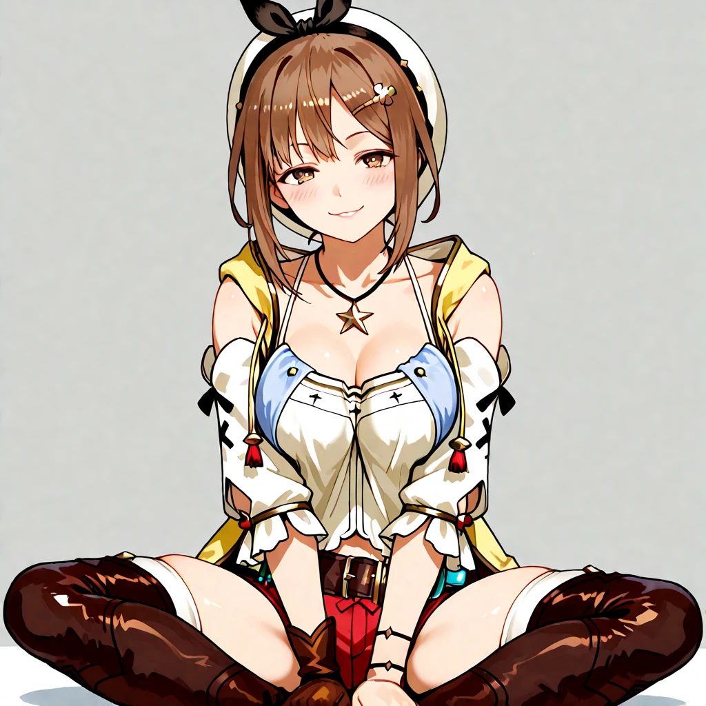 (Highest quality, 8k, masterpiece :1.3),Lizaリン・シュタウト(Lizaのアトリエ),Liza, One woman,Large Breasts,short hair,Brown Hair,hair band,Clothing,hat,White shirt,White camisole,Red shorts,Brown long boots,nsfw,Plump body,Thighs,,Armlock,
