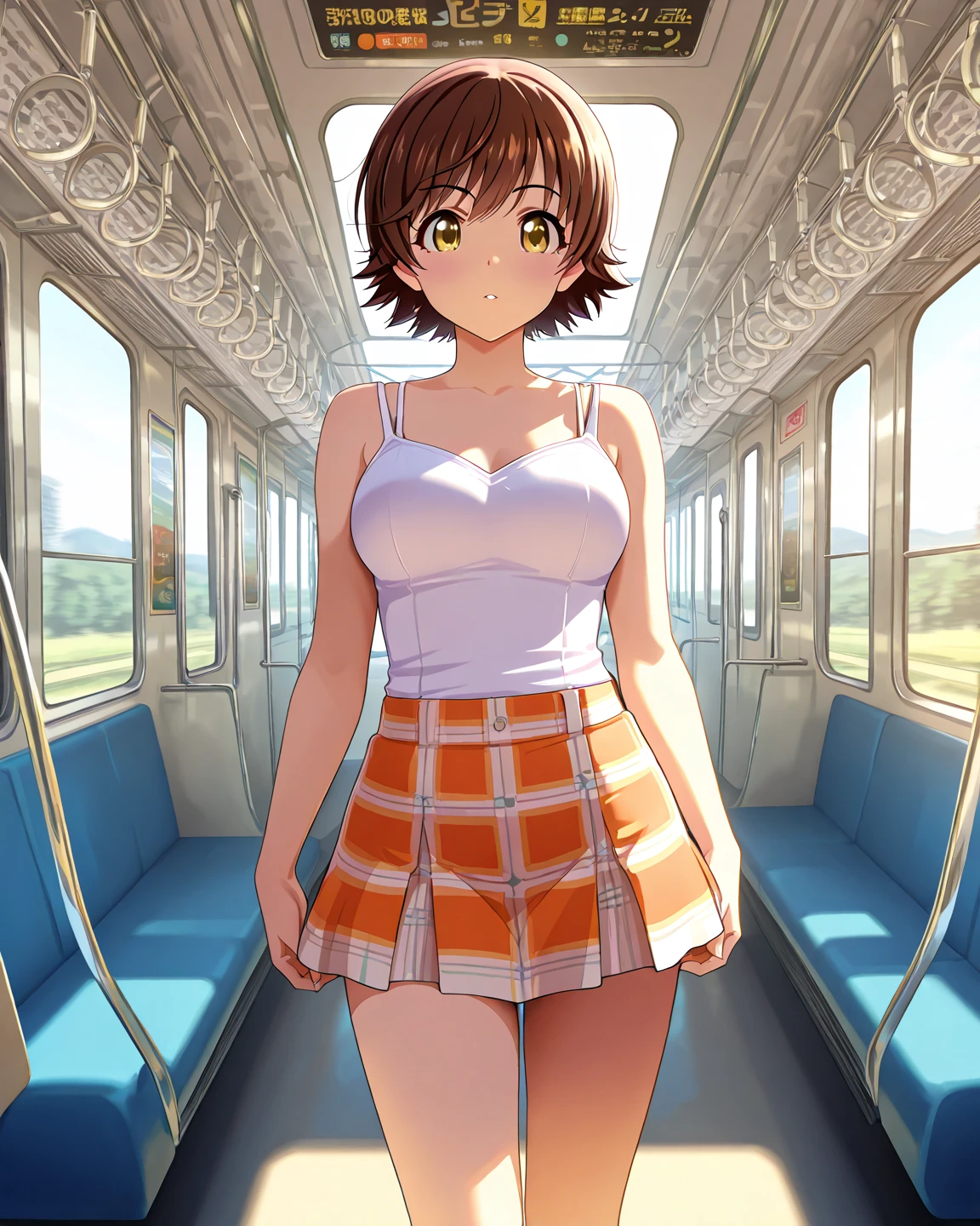 ((NSFW)), ((masterpiece)), ((highest quality)), (Super detailed), ((cute)), cute, (Lovely), ((sexy)), (device), ((very detailed)), 4k, (8K), highest quality, (beautiful), anime style, genuineistic, genuine, (((view from below))), character focus, ((in the train)), 1 girl, alone, cute girl, ((T-shirt, denim mini skirt)), (hyper cute face), beautiful light brown hair, beautiful black eyes, ((beautiful eyes)), big breasts, embarrassing, blush, ((throw, Panty shot, white panties, panty show)), shiny, shine,