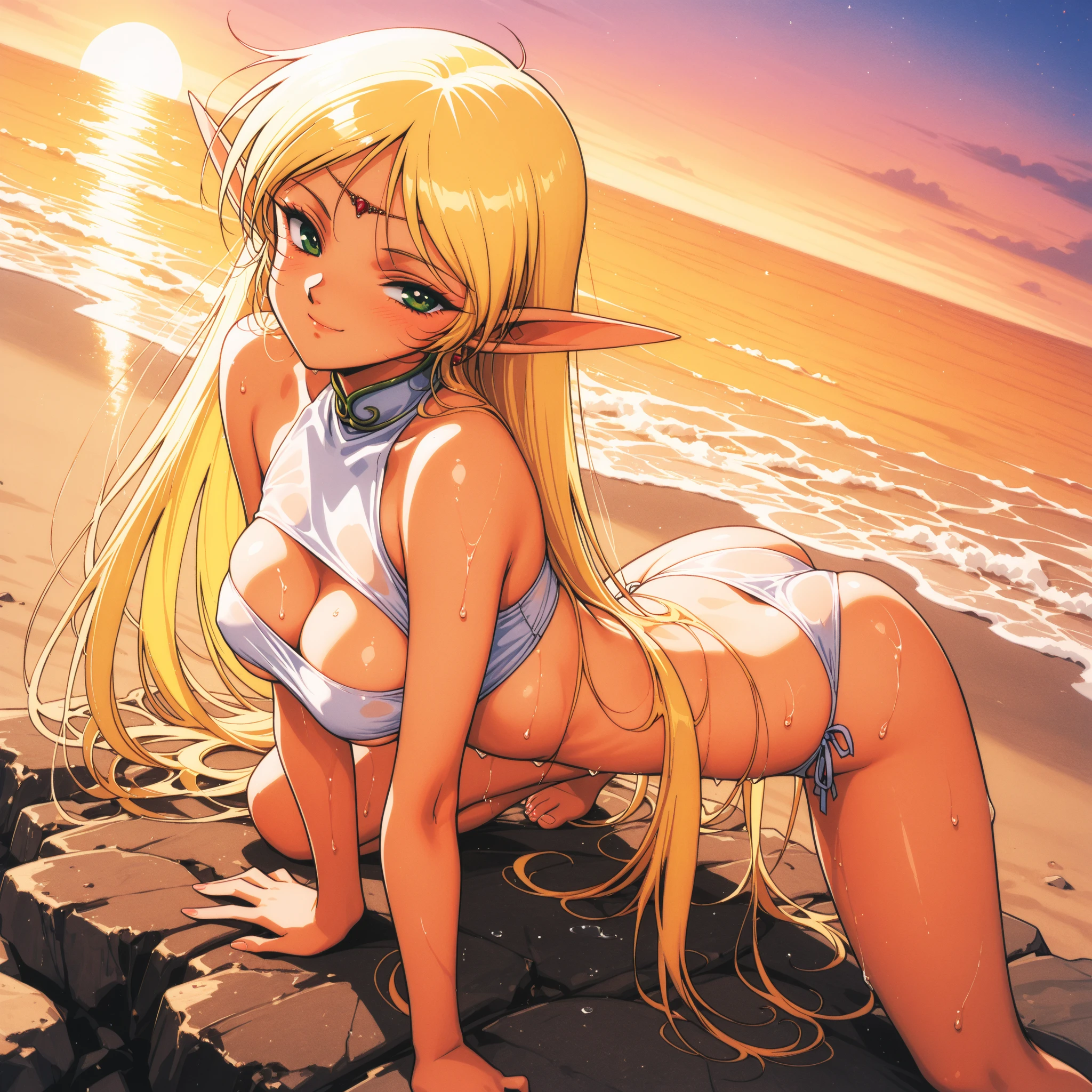 Princess Zelda sunbathing on the beach naked, on all fours, with his ass towards the camera, separating her vaginal lips with his hand