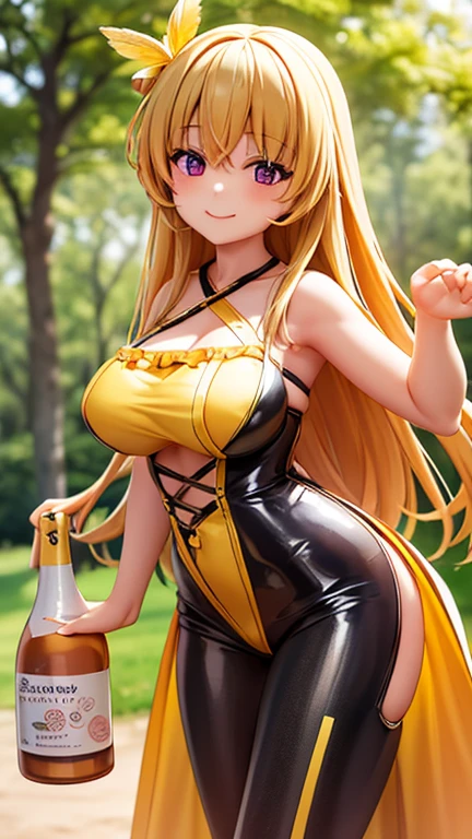 sexy woman、(Blonde Hair Woman)、straight hair woman、Long hair woman、((Beautiful busty woman:1.3))、(A woman wearing a yellow high-neck leotard:1.6)、nice sexy body、one woman、woman wearing brown pantyhose、Woman with a big smile、sexy pose