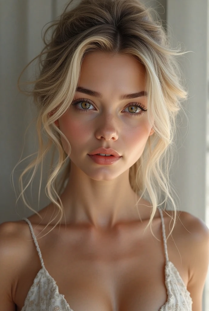 Hot aged girl with a white hair in a bun blue eyes earrings and freckles naked