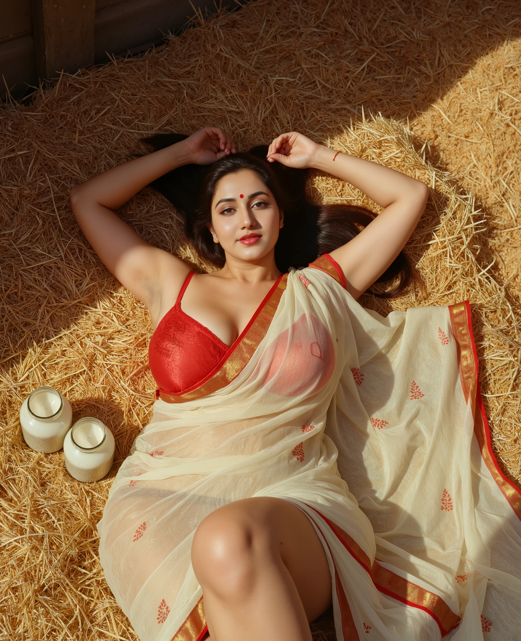 ((tall voluptuous desi bhabhi)), ((curvaceous figure)), red bra and panty set, snug lingerie, white bengali saree with red and gold border, discarded saree, lying on bed of golden hay, rustic stable interior, soft ambient lighting, shafts of golden sunlight, cinematic warm amber tones, 1970s Indian film still, vintage erotic vibe, velvety film grain, seductive expression, half-closed eyes, parted lips, gaze up at viewer, overhead shot, vertical composition, long dark hair spread out, red sindoor in maang, small red bindi, traditional Indian makeup, glass milk jars on hay, one full one half-full, dry chest, richly textured fabric, inviting intimate mood, unapologetic sensuality, grounded earthy beauty, golden haylight, retro cinematic style, desi eroticism, bold feminine presence, dreamy grain