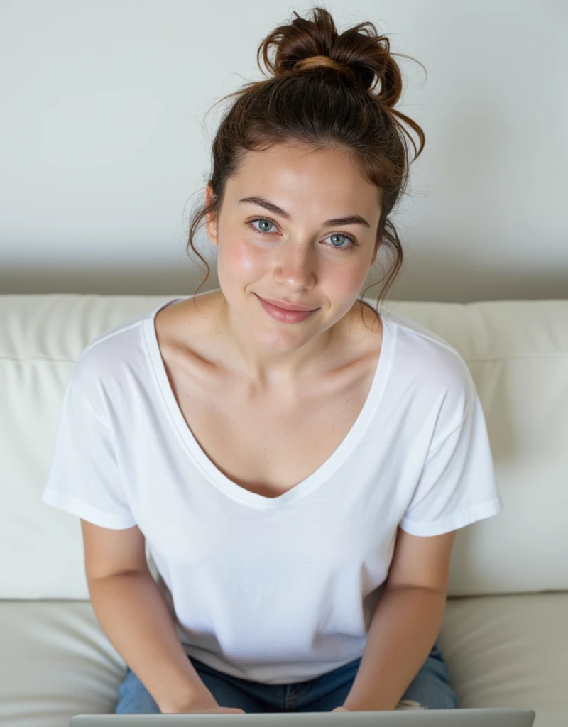 core_9, score_8_up, score_7_up, score_6_up, beautiful woman, cute face, shy, kinky smile, extreme ultra detailed perfect eyes, dark and deep blue eyes , 20yo, nose blush, big breast, loose-fitting short sleeves, sitting in a couch, (head tilted) ,(holds her head with her arm), eyes contact, lot of desire for the viewer, side portrait , face focus , pov , indoor, inside home, in living room, ,RAW photo,realistic,volumetric lighting, depth of field,cinematic,close-up