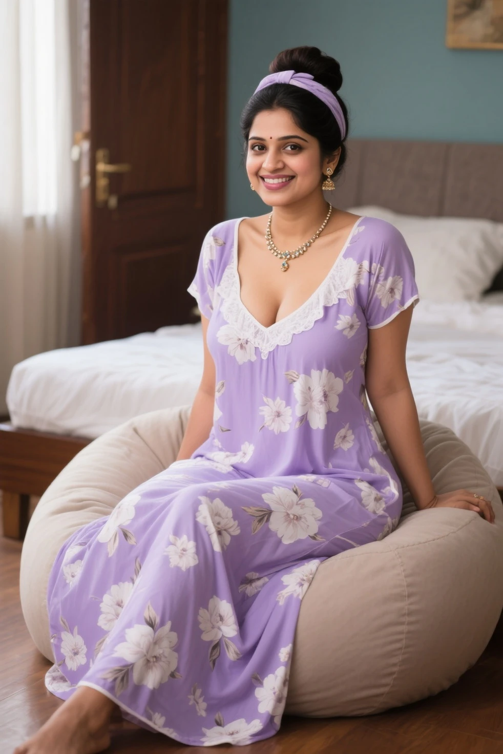 Day scene, full body photo of a plus sized 45 year old indian with a man from top view, (Masterpiece, Best Quality, High Resolution), office Background, (cum Splash on her breasts and nipples, cum Splash on her face, Splash of cum, cum Splash on her blouse, cum Splash on her eys), Sweet 25 year old South indian women sitting on a bed, hour glass body red lips, purple colour silky gown, with a smile, lightly makeup,ultra realistic, realistic, look at viewer (cinematic:1.3), intricate details,