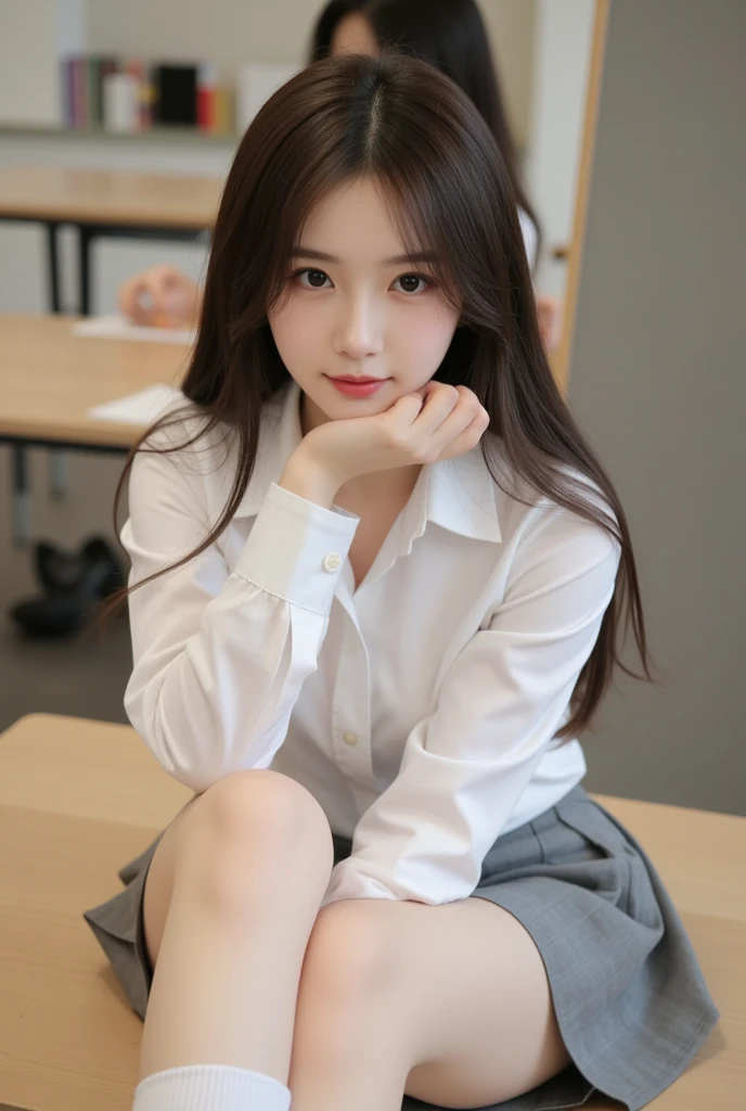Kyoko DG, 1 Girl, tie, Solitary, jacket, shirt, Looking at the audience, Long sleeve, white shirt, collared shirt, sit on the chair, classroom, Pink blood,