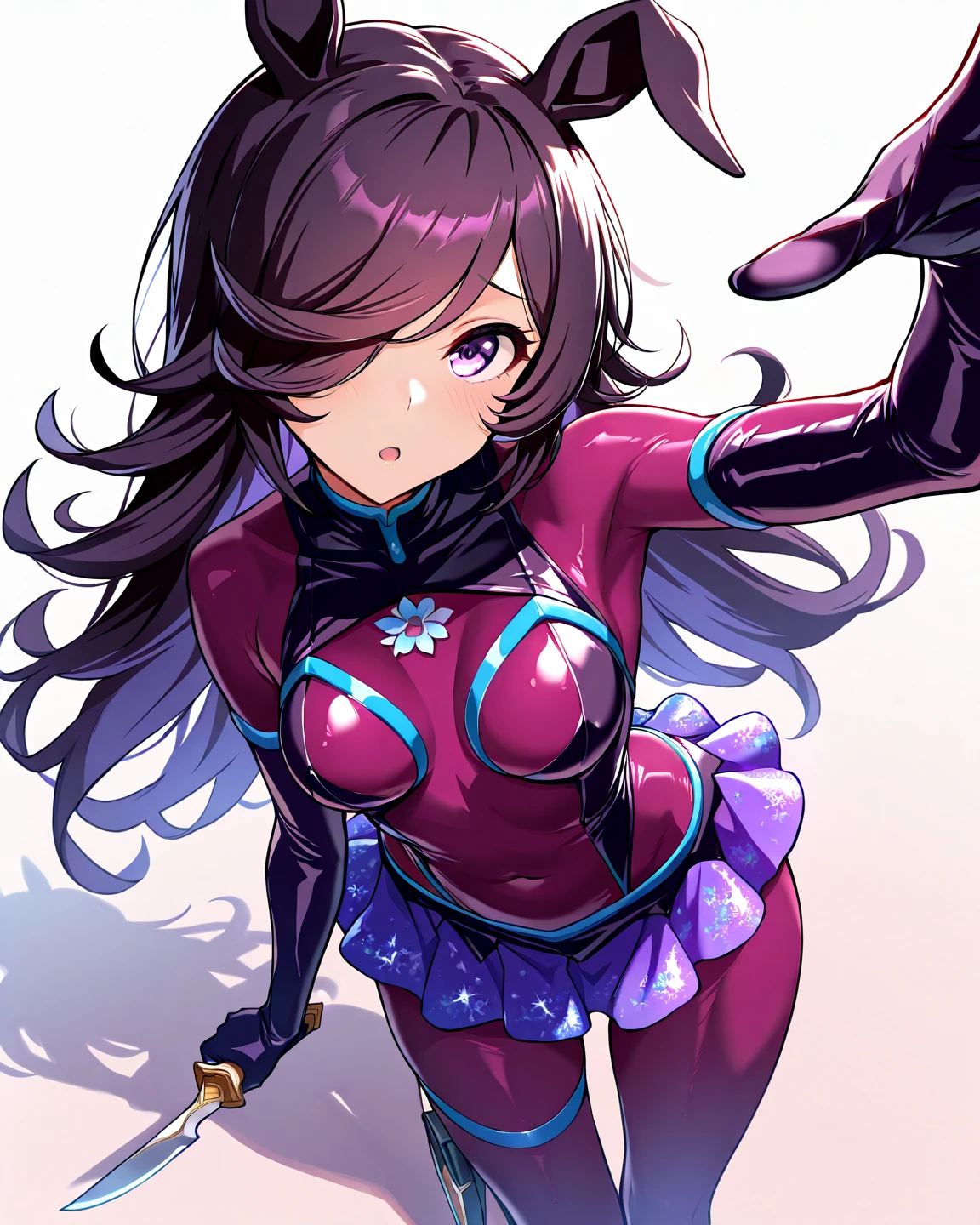 Ladyfly wore a suit with traits from the Ladybug and the Butterfly Miraculouses. The torso, hips and thighs kept the Ladybug suit of red, but with dark magenta spots, and the same went for the face mask, however with those parts also possessing hues of purple shining on them. The thighs had dark magenta around them above the knee and ascending until halfway on the outer side with a red spot. Her shoulders were purple, but possessed a dark magenta cover connected to the costume with V-neck collar (with the Butterfly Miraculous beneath it), with two lines descending from it through the costume around the torso, and then connecting with thicker dark magenta lines originating from the back and ending below the abdomen, having two red spots (one on each side, aligned) at the front, with two thinner lines coming out from it at the back ascending until below the shoulder cover. She wore magenta gloves up until below the shoulders, each with a red spot at the top, and purple knee-high boots with a red spot at the top of each of them. She had her hair tied with pigtails with red ribbons with dark magenta edges at the shape of butterfly wings, each side representing one half set and having one purple spot on each end (both top and under) of the bigger "wings". Her cane, when not in use, was located at her back. SPARKLE; GLITTER