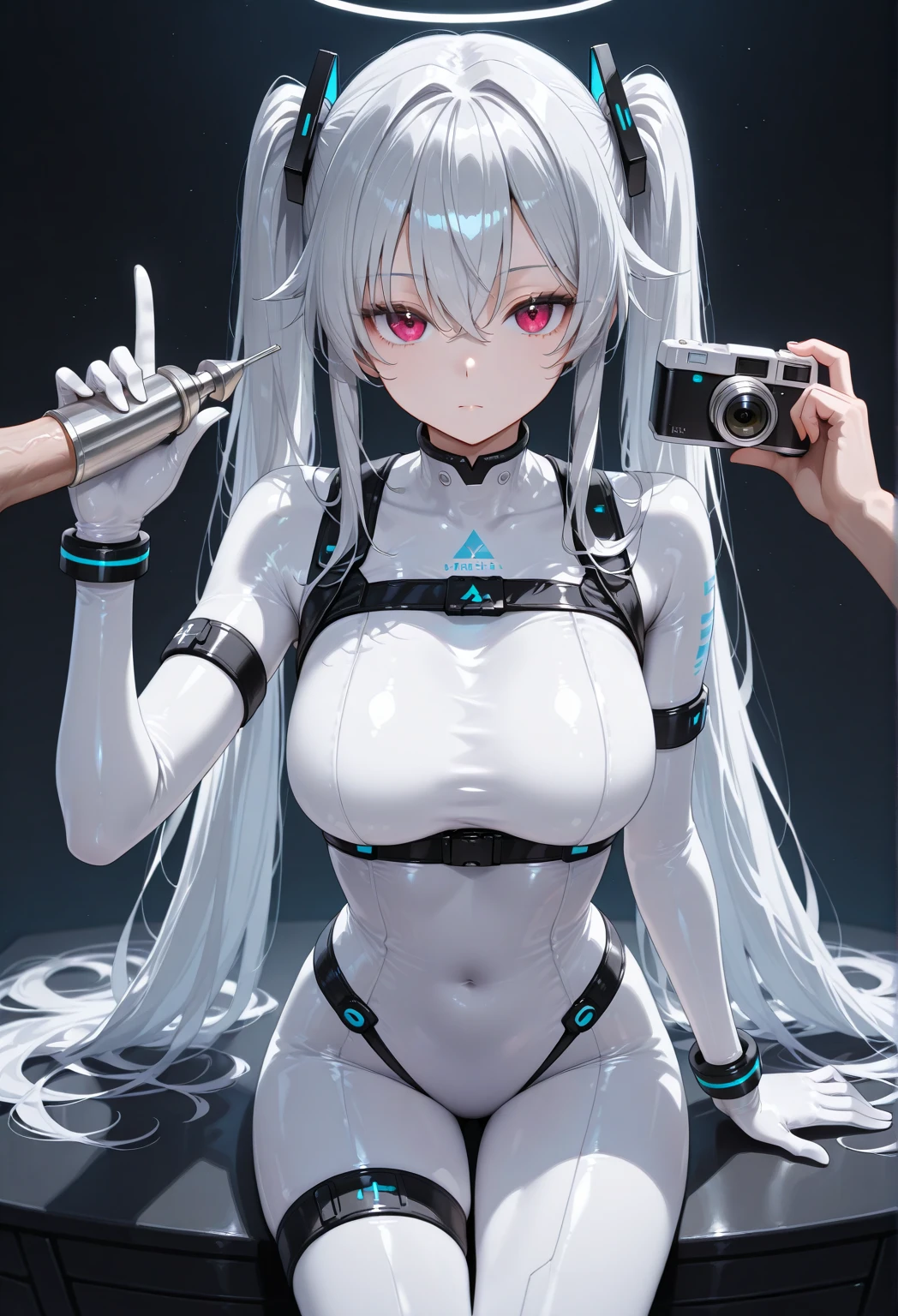 View from below angle from below Android girl mechanical prosthetics demonic gloomy with long blue hair woman with sexy hips half cyborg modifications Beautiful sad girl with respirator gas mask on her face, blue eyes stands in full growth Anime Style black background Cyberpunk style, черный фон изображения светло голубые smokeовые шашки, smoke, smokeовая завеса, облака smokeа и синие неоновые огни флюоресцентные лампы