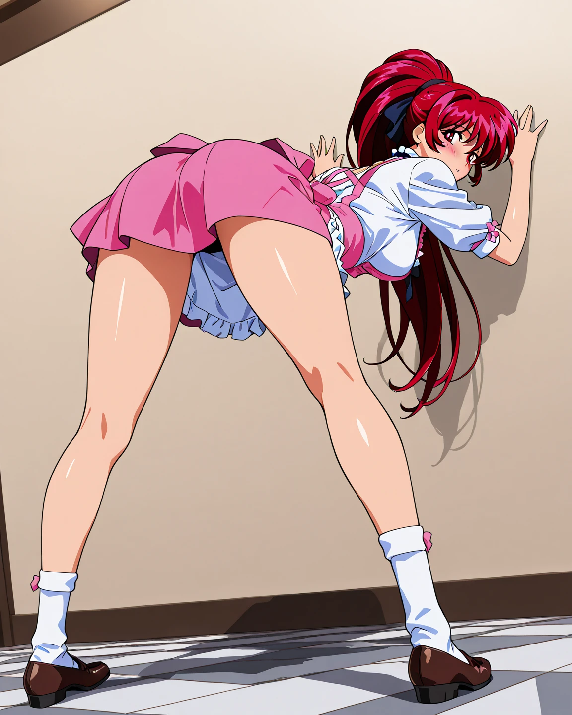 ((Katsuragi Castle_Misato)), In underwear 、take a photo in the apartment, Moderate_chest, Purple Hair,blush、 (analog quality:0.6), (Film Grain:0.8),Skirt lifted、Cute ass、Cute Panties、On all fours、Backwards、look back